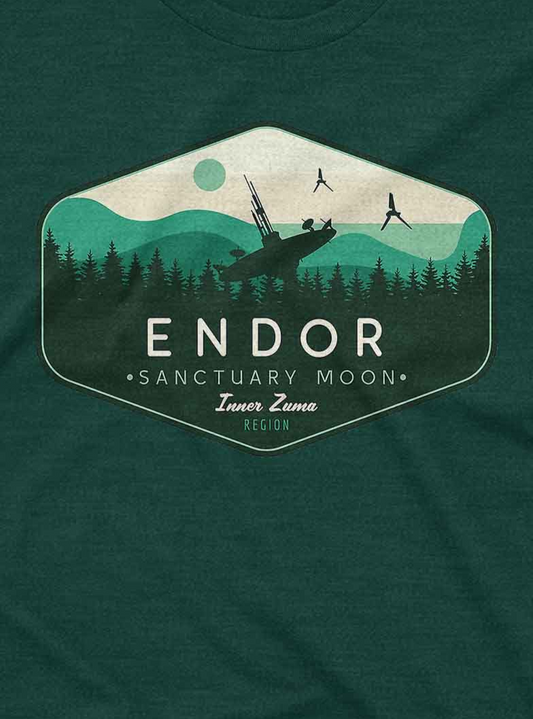 Vintage forest scene with silhouettes of tall trees, mountains, and futuristic flying crafts, labeled "ENDOR Sanctuary Moon – Inner Zuma Region."