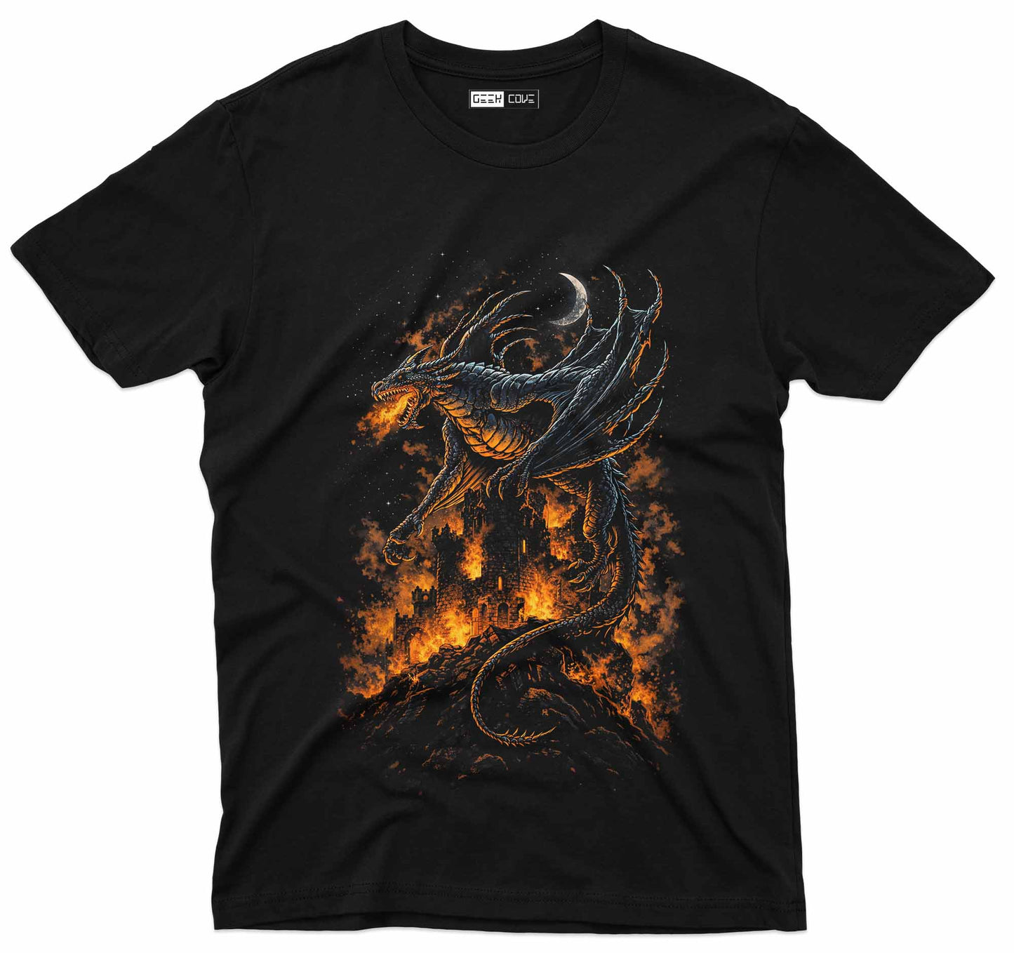 fire dragon fantasy graphic tee featuring a dragon breathing flames over a burning castle