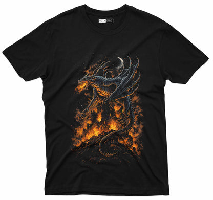 Fire dragon fantasy graphic tee featuring a dragon breathing flames over a burning castle