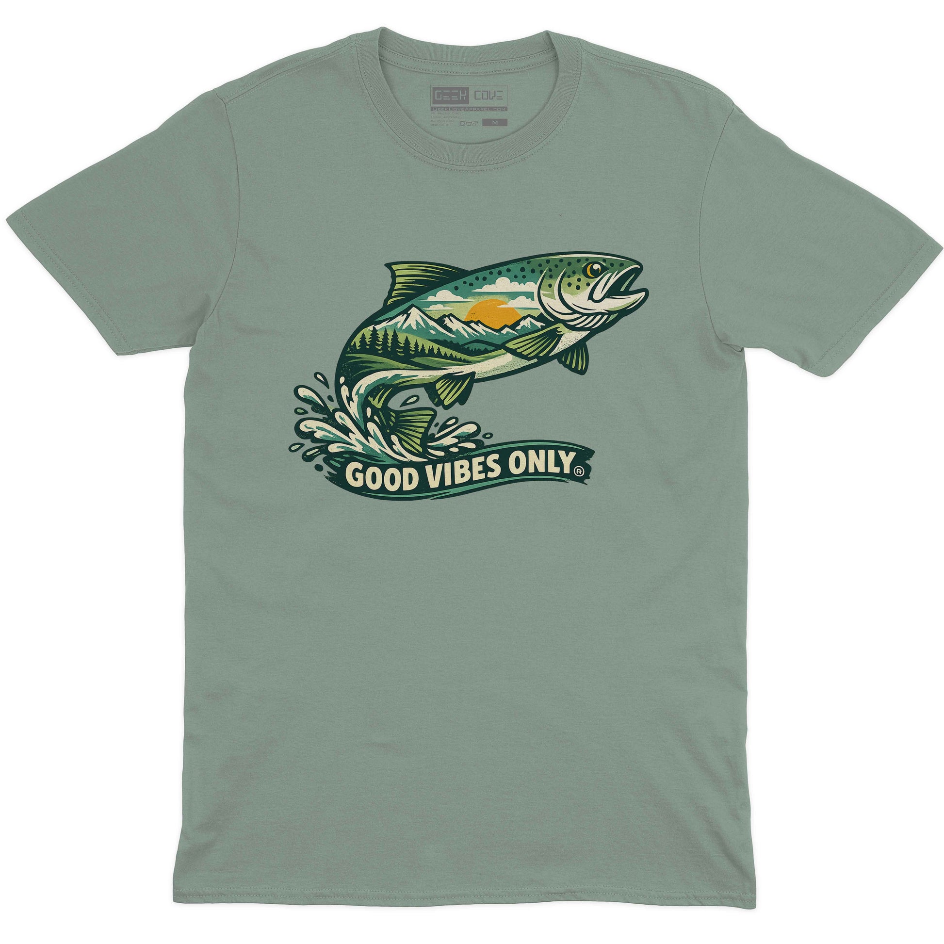 Fishscape Mountain Good Vibes men’s crew neck tee in sage with fish mountain landscape graphic