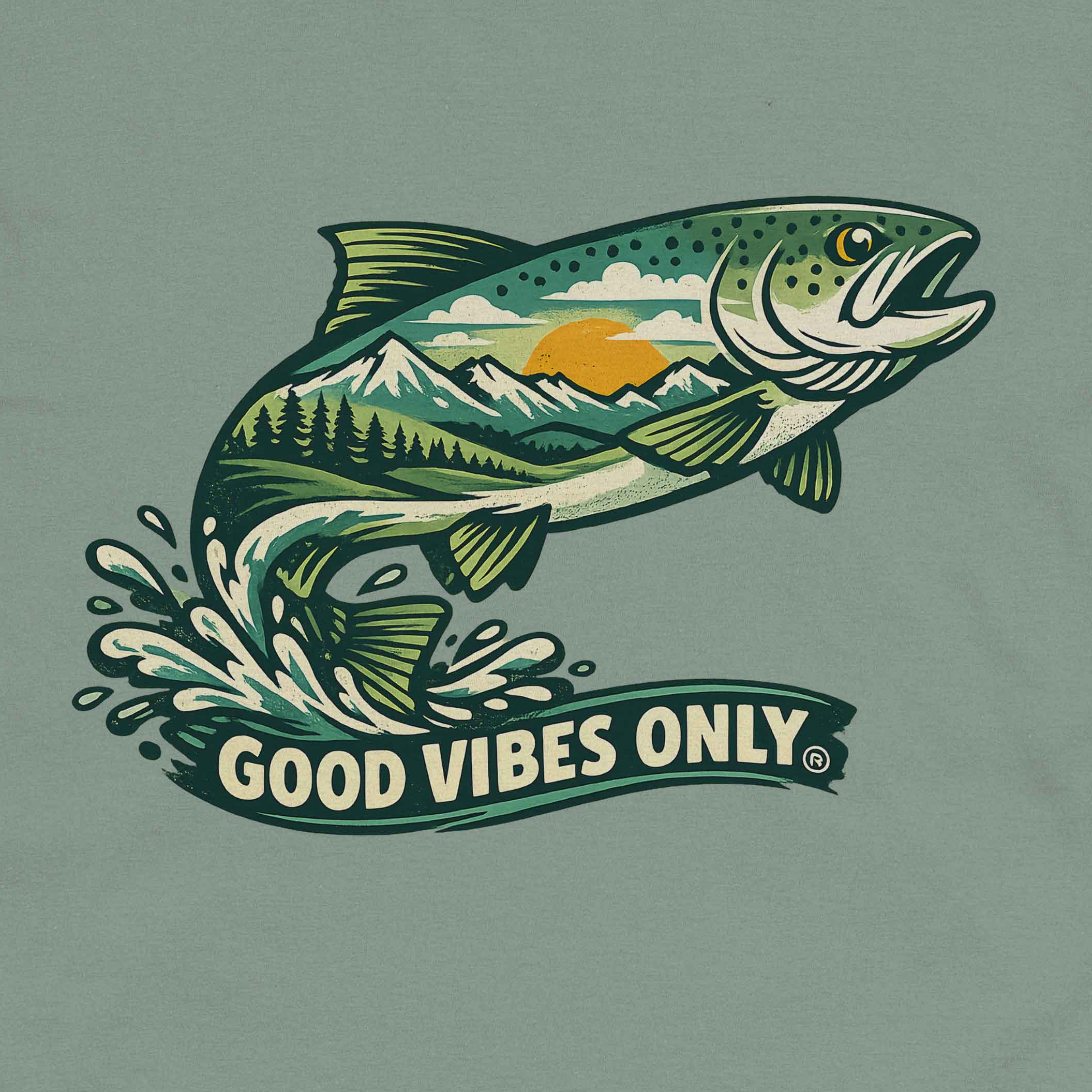 Close-up of Fishscape Mountain Good Vibes outdoor fish landscape artwork on sage tee