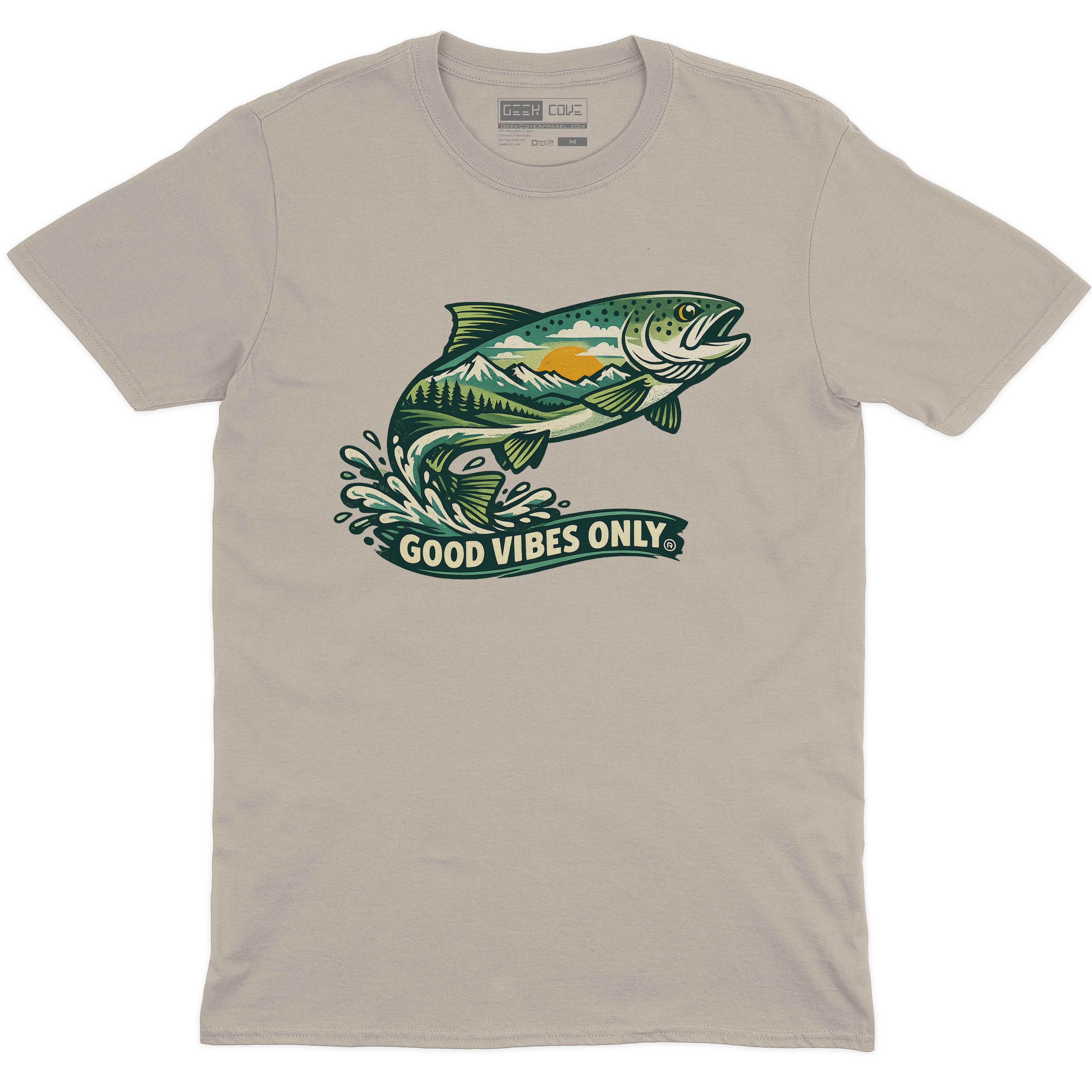 Fishscape Mountain Good Vibes men’s crew neck tee in sand with outdoor fishing artwork