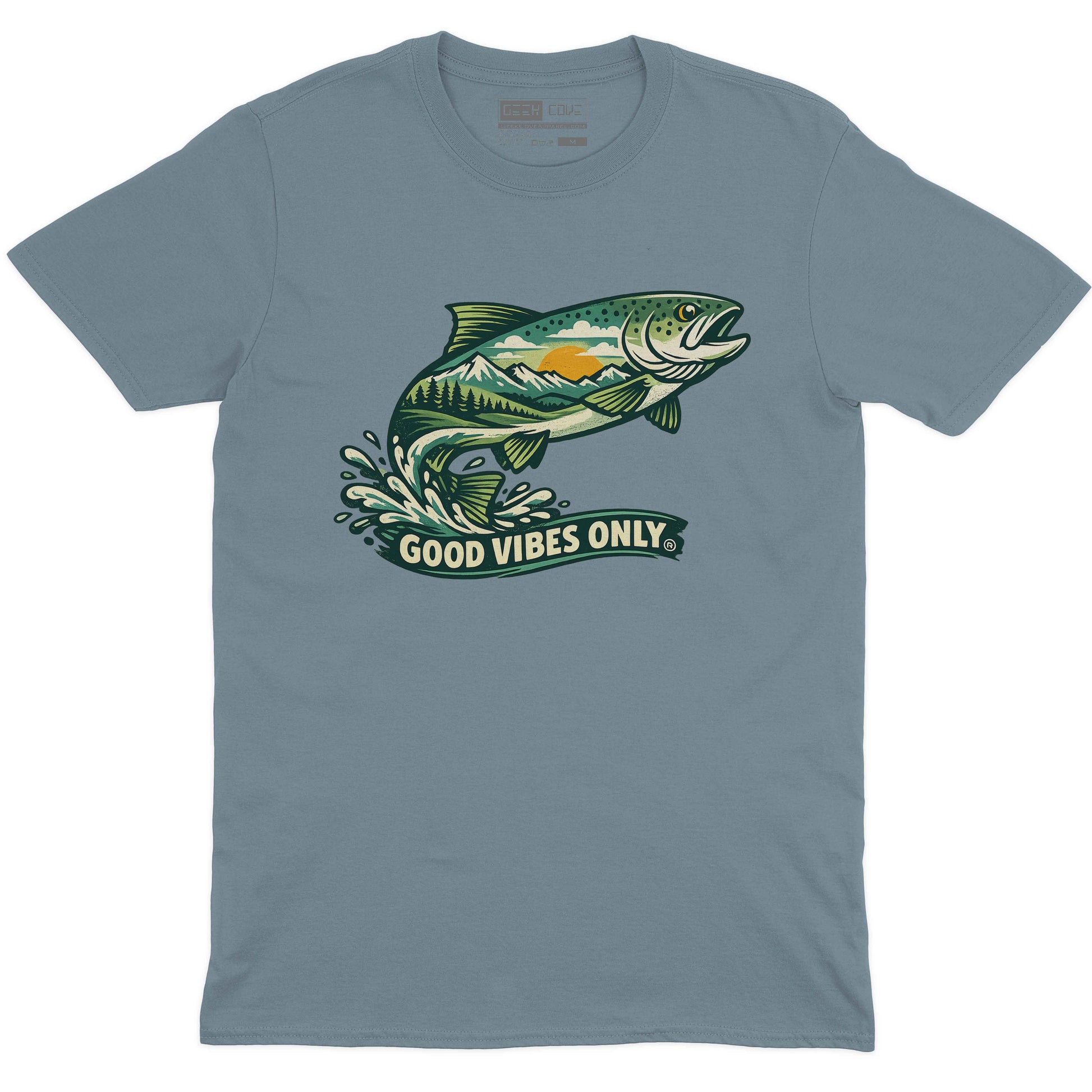 Fishscape Mountain Good Vibes men’s crew neck tee in stone blue with mountain fish design