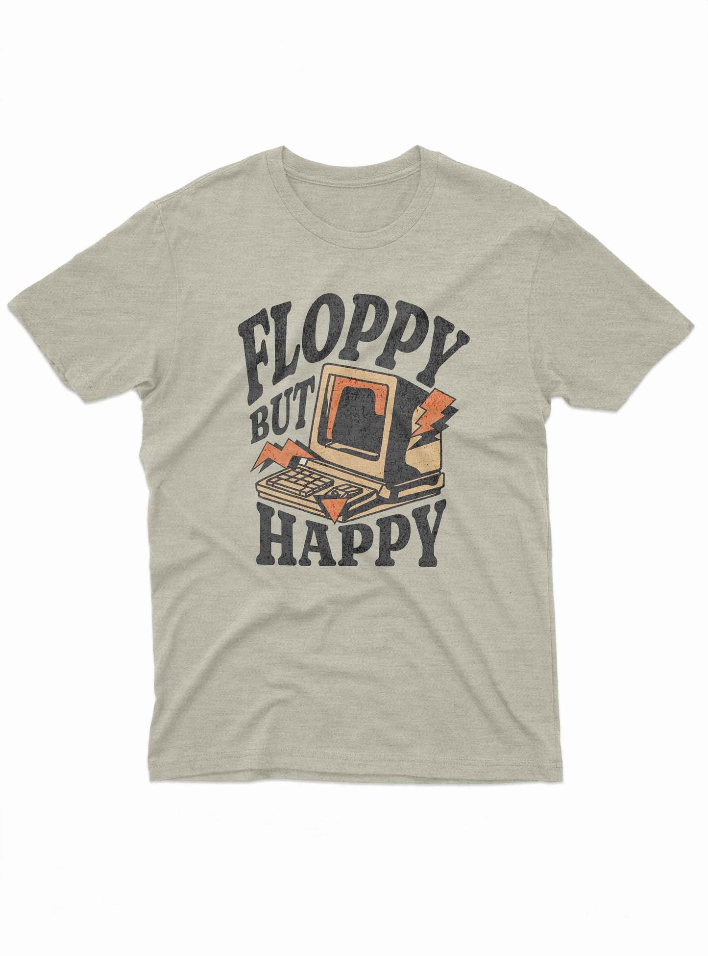 retro computer graphic t shirt with floppy but happy text in vintage style