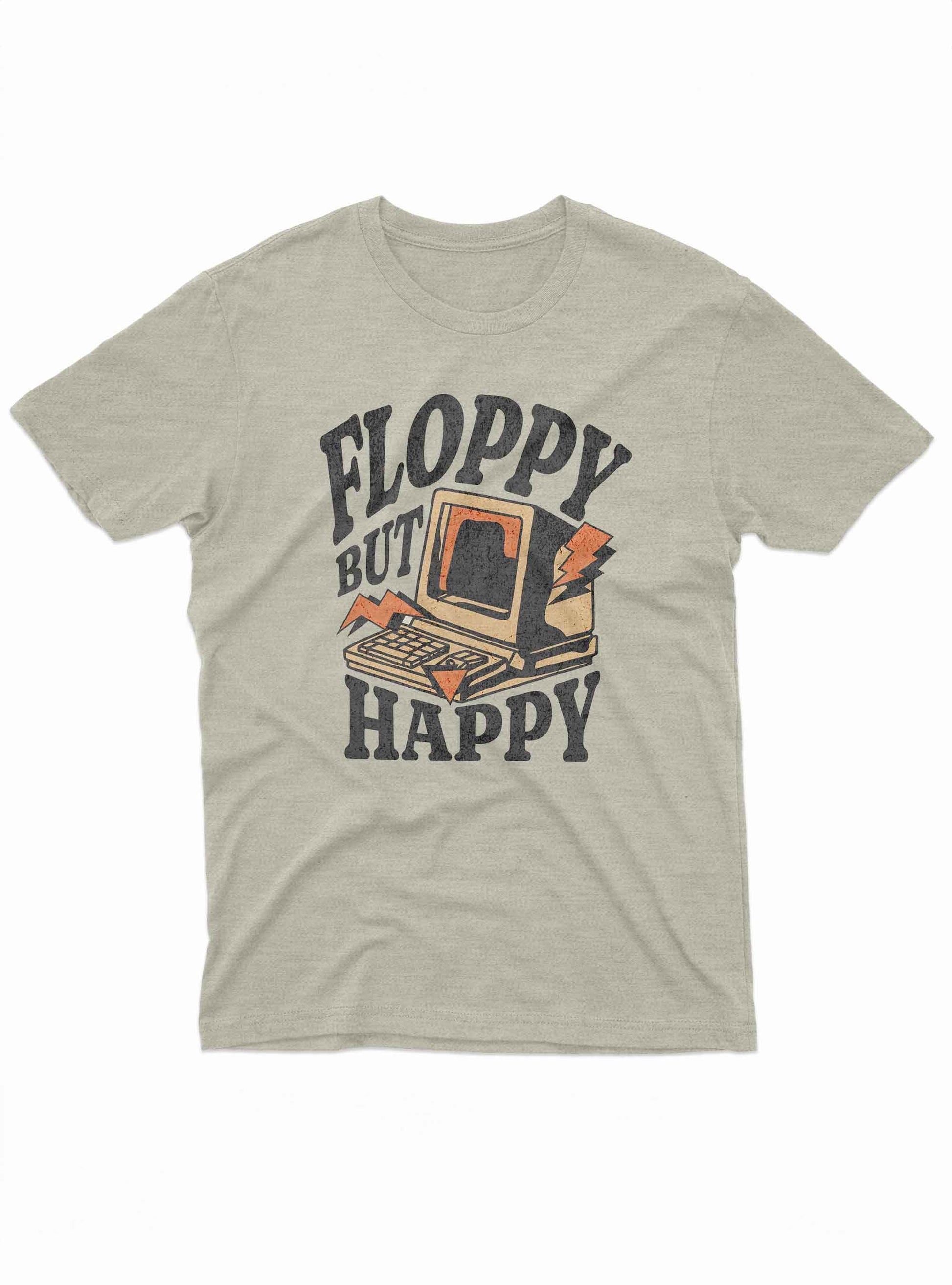 Retro computer graphic t shirt with Floppy But Happy text in vintage style