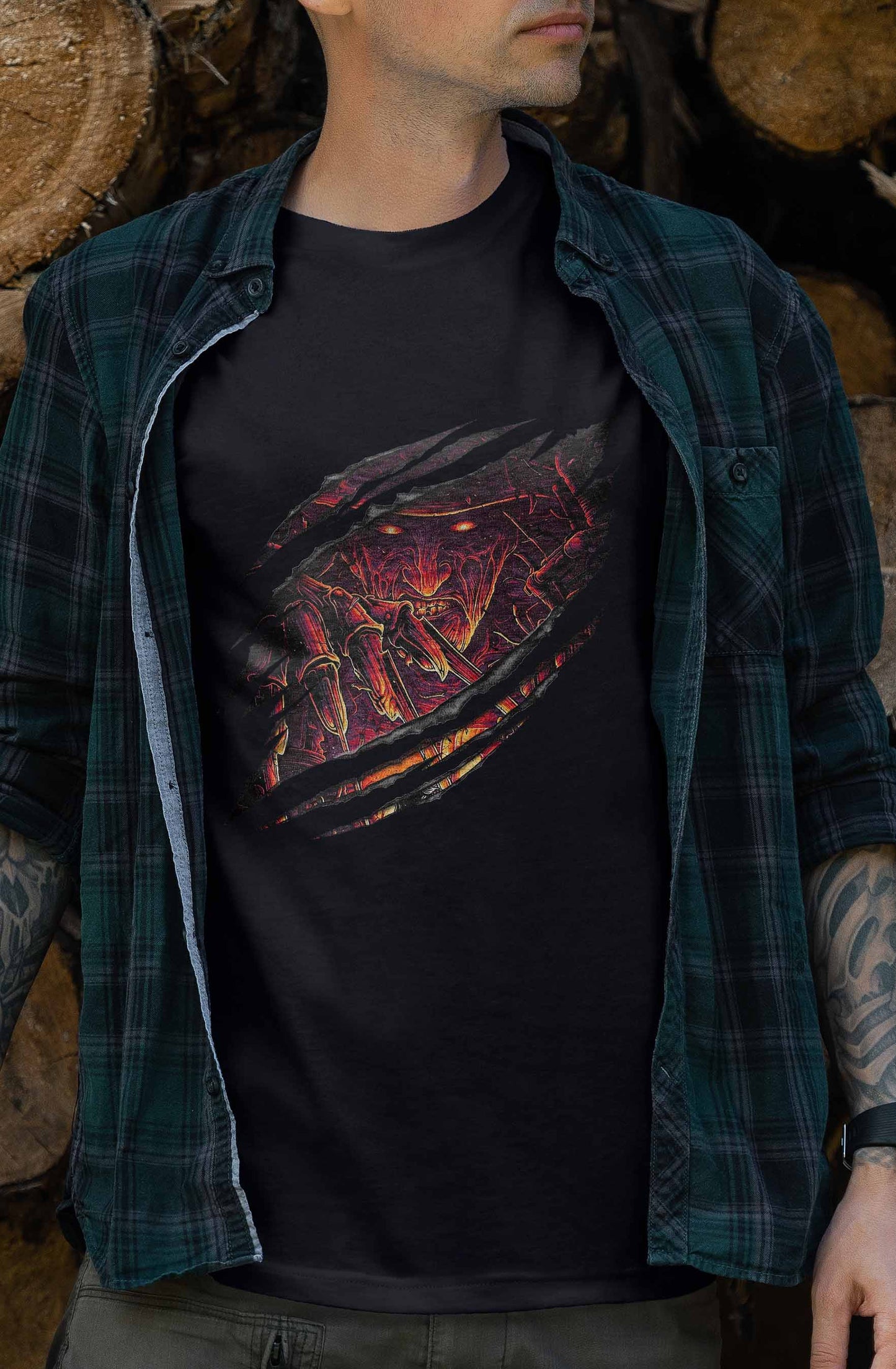 dark fantasy t-shirt showcasing an intense demon design in red and black, ideal for horror enthusiasts.