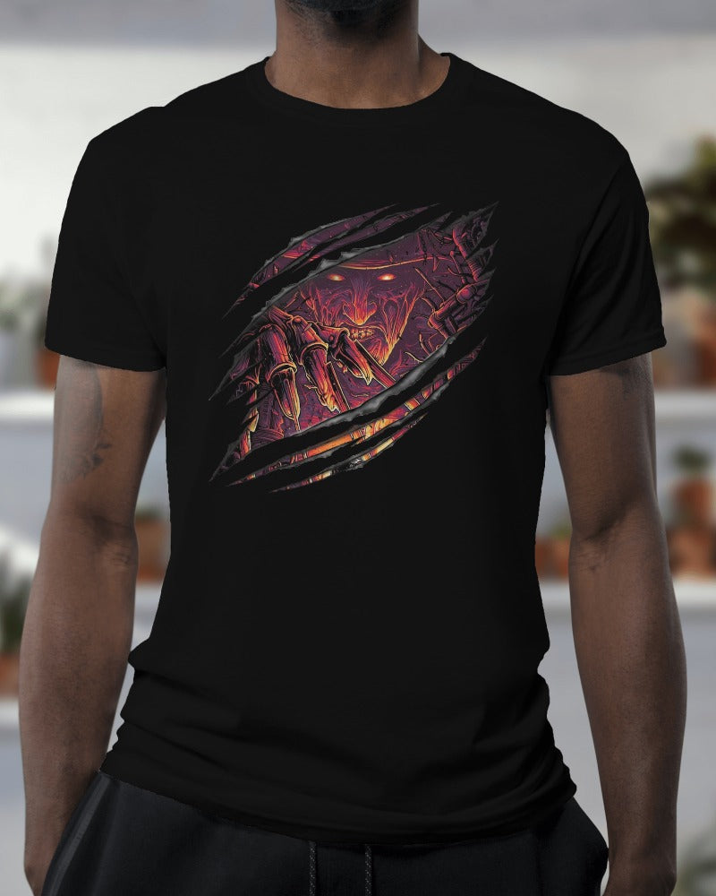 horror-themed graphic tee featuring a fiery demon engulfed in flames with a menacing expression.