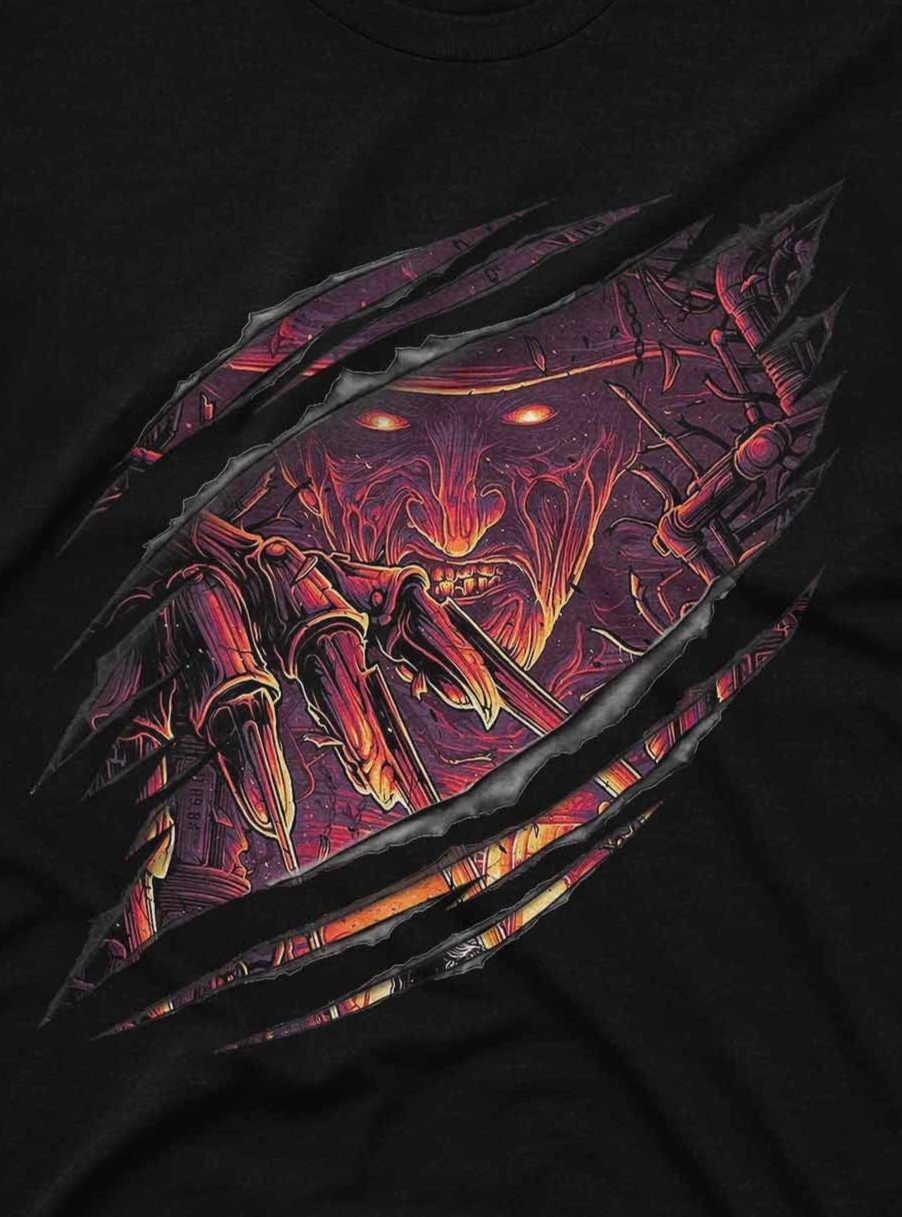 black Halloween t shirt with Freddy Krueger ripped claw design and glowing red eyes
