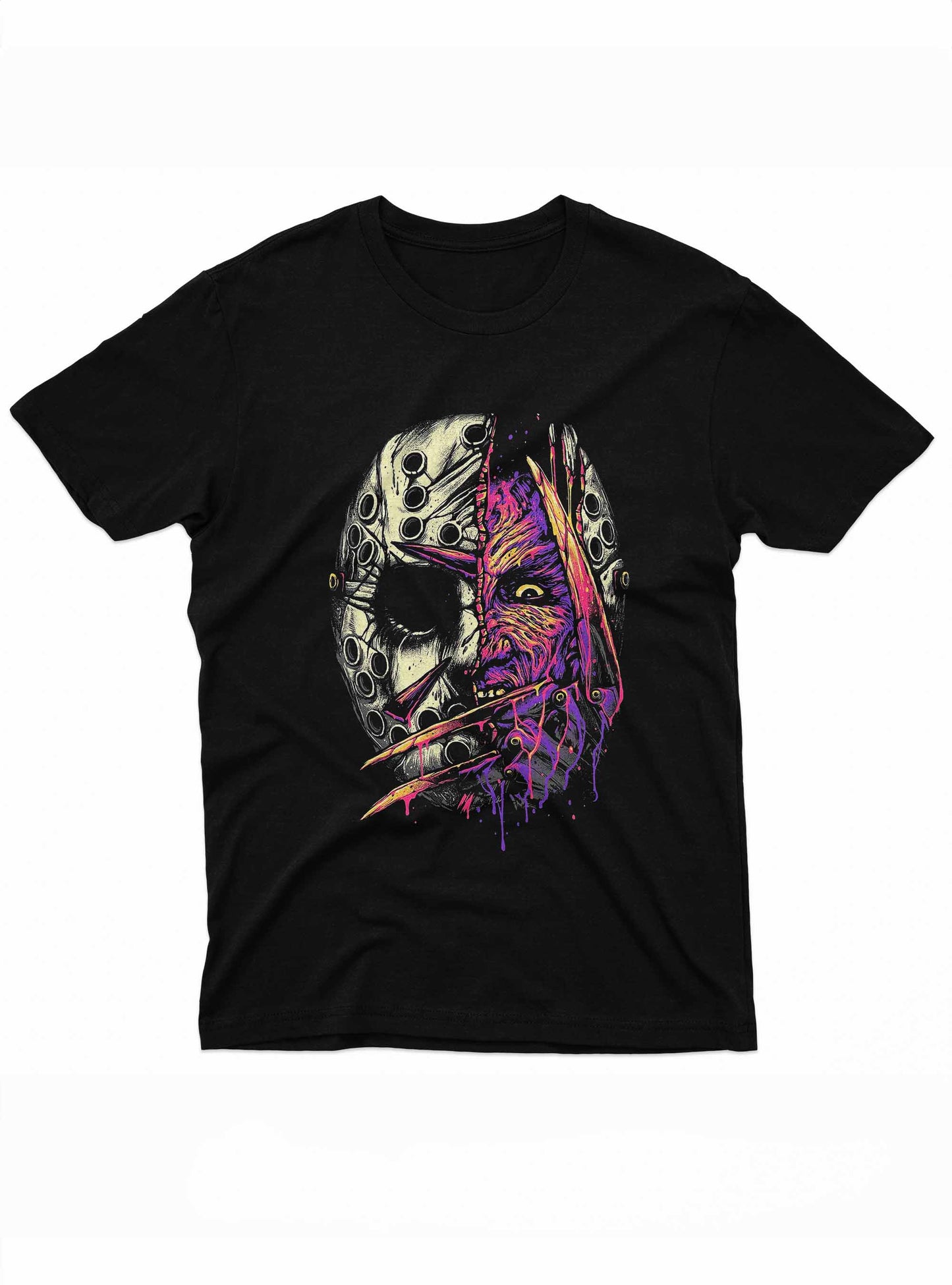 freddy vs. jason graphic t-shirt with neon splashes of pink and yellow, perfect for horror enthusiasts.