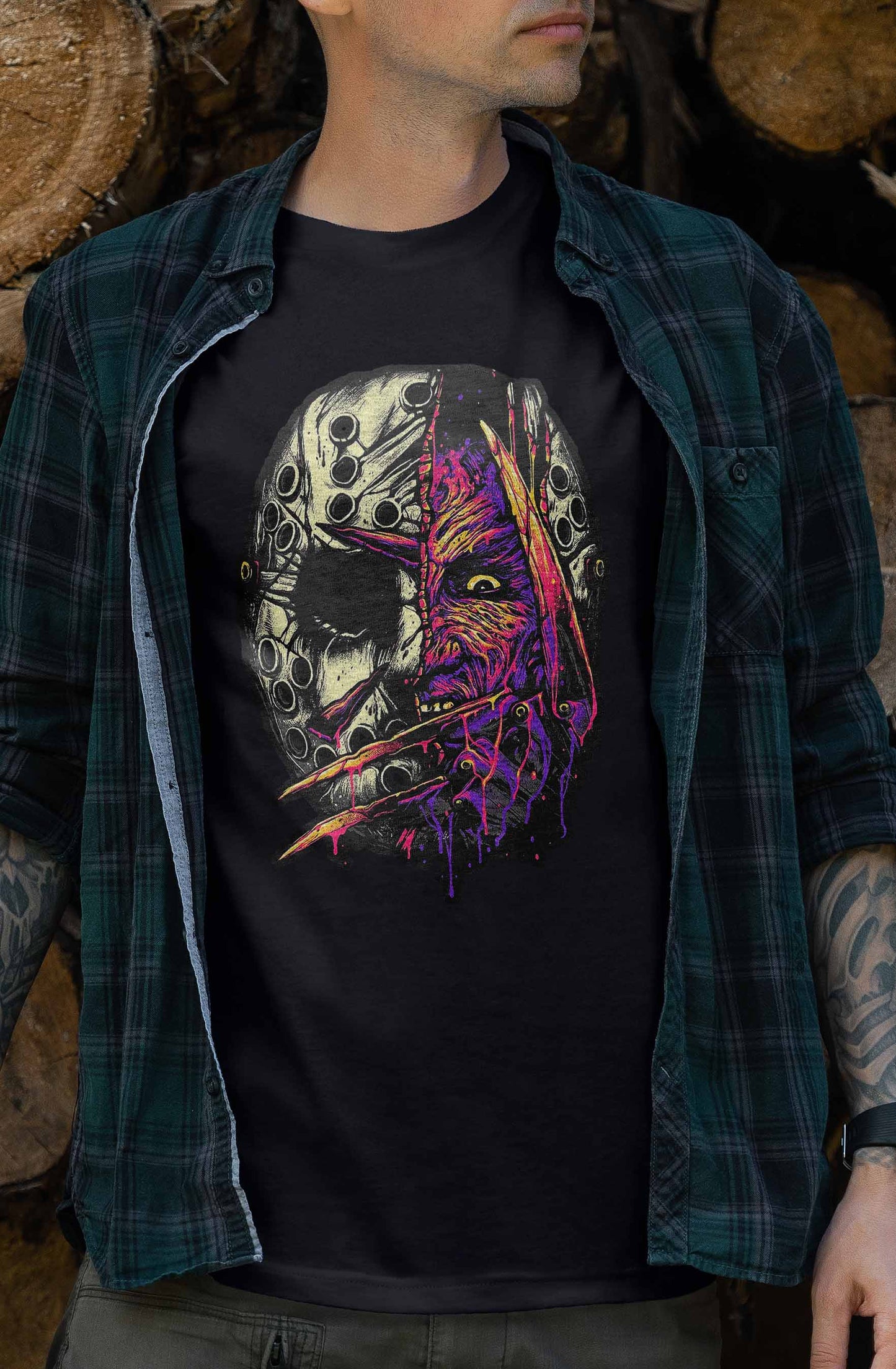 vivid neon graphic tee depicting horror icons freddy and jason in a dramatic clash, set against a dark background