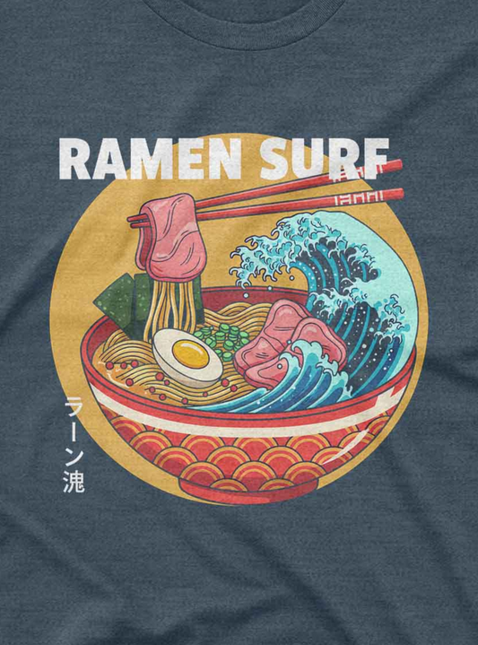 Funny custom tee shirt featuring ramen noodles, wave, egg, and surf-inspired artwork