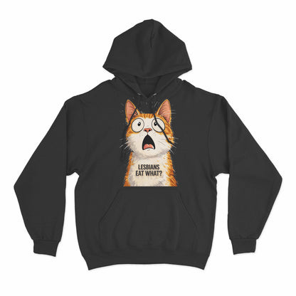 Funny shocked cat graphic hoodie with playful cartoon artwork