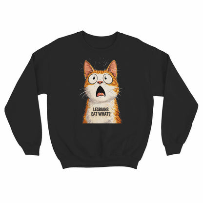 Funny shocked cat graphic sweater with expressive cartoon artwork