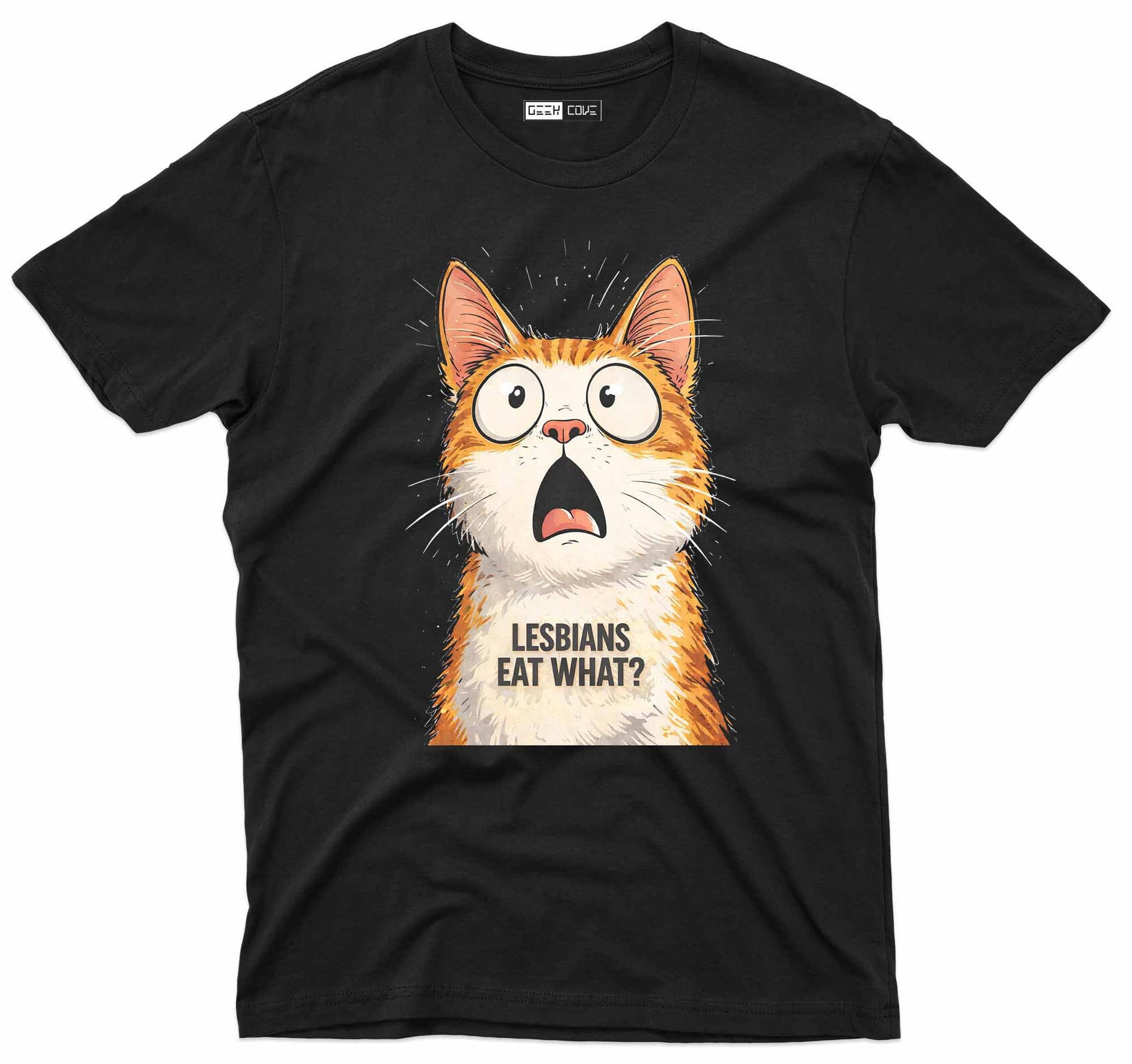 Funny shocked cat graphic tee with expressive cartoon design and playful text