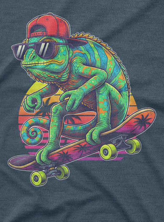Custom tee shirt featuring iguana skateboarding with retro sunset background