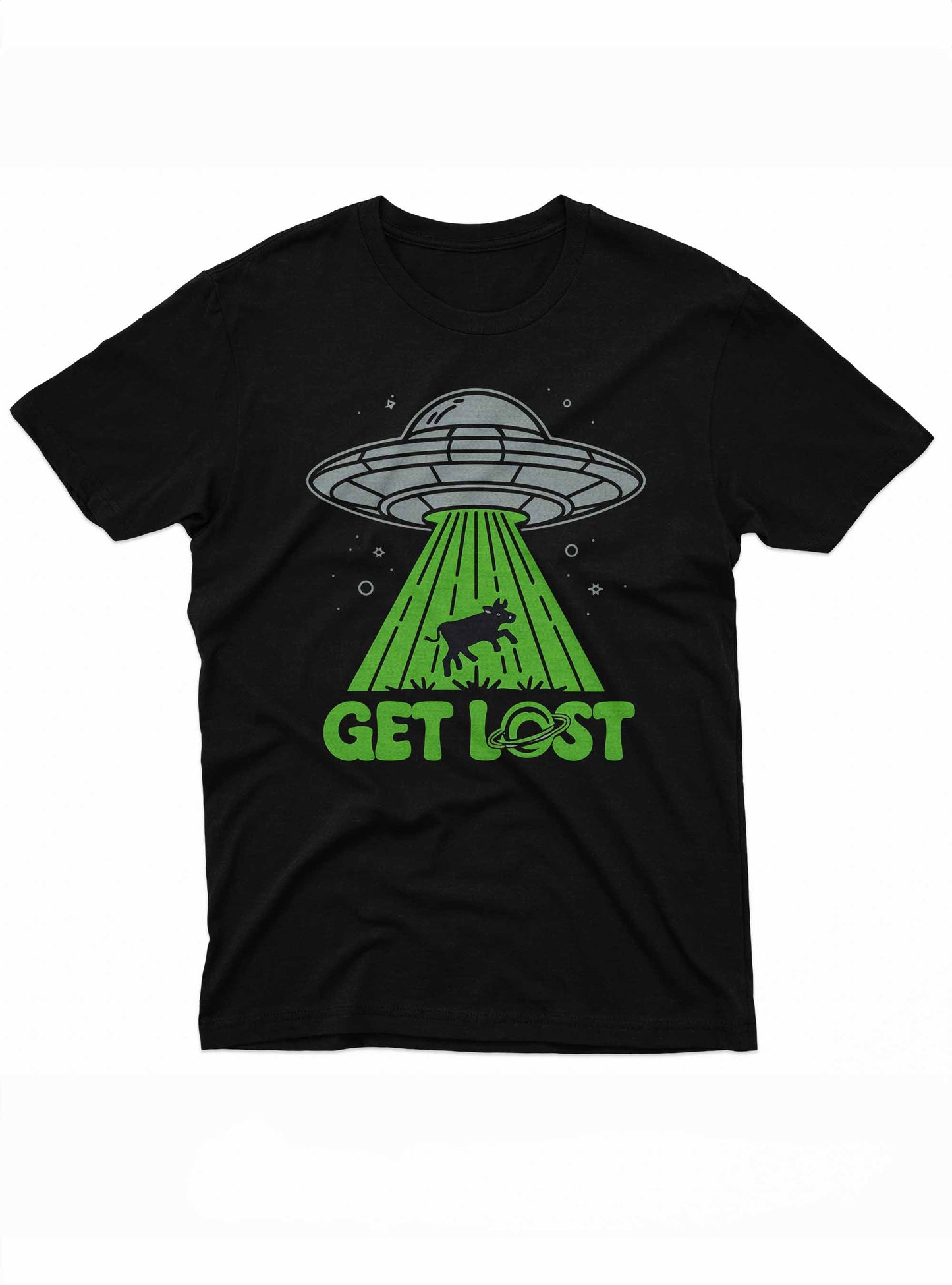 black t-shirt featuring a cartoon-style ufo abducting a cow with a green beam of light.