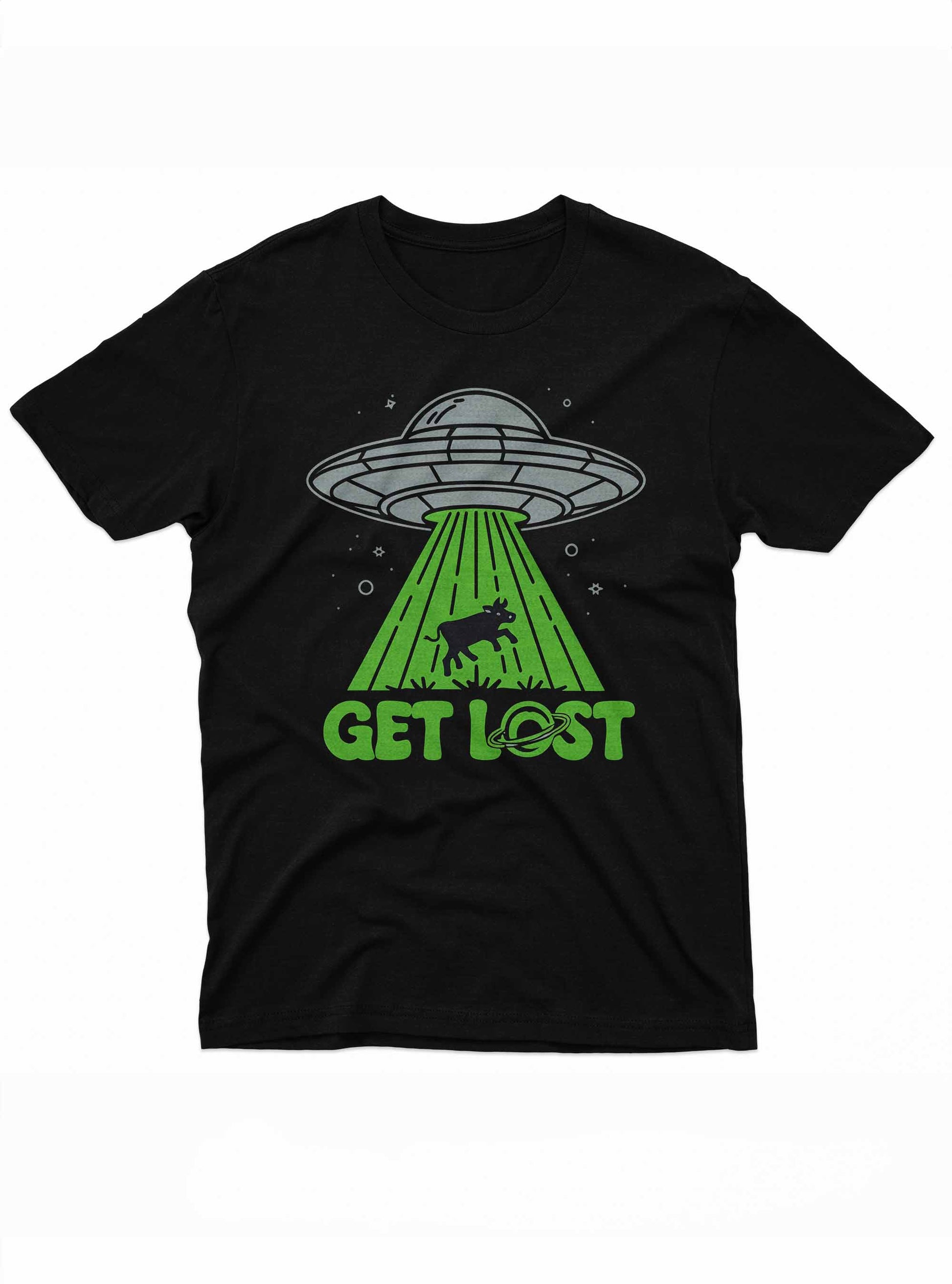 Black t-shirt featuring a cartoon-style UFO abducting a cow with a green beam of light.