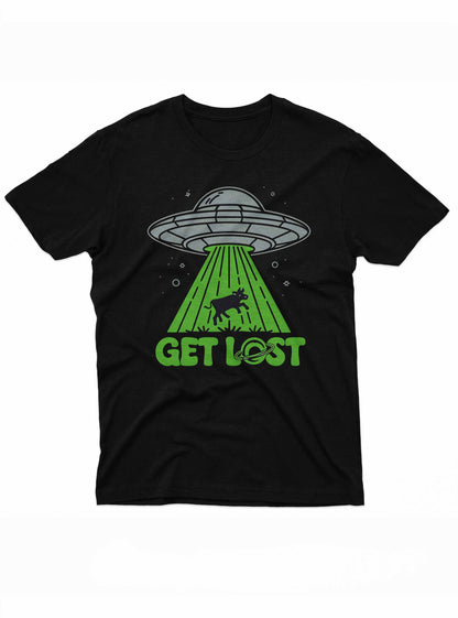 Black t-shirt featuring a cartoon-style UFO abducting a cow with a green beam of light.