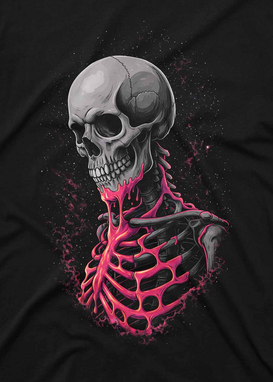 Dark gothic t shirt with detailed skeleton and neon ribcage design