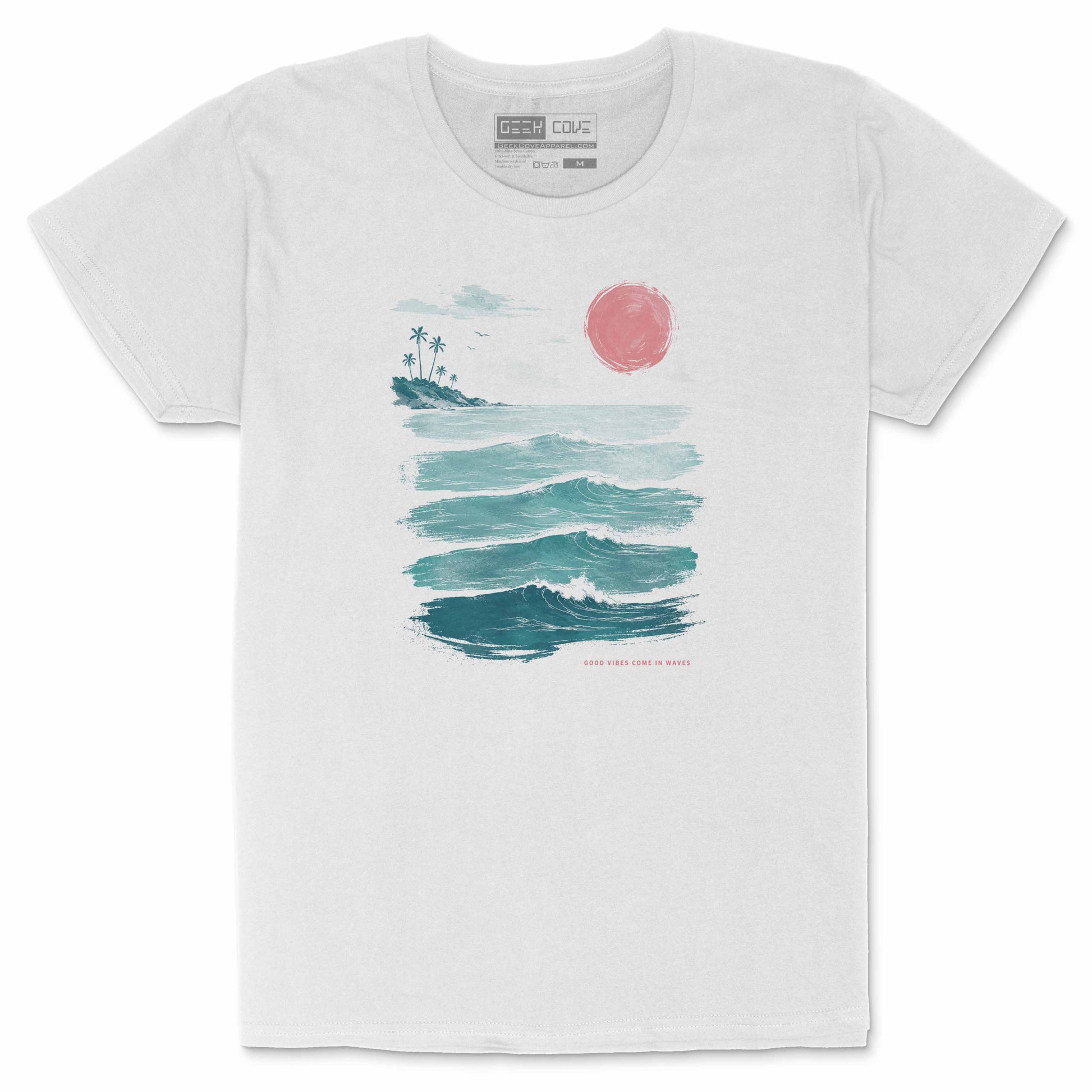 Women’s white T Shirt with ocean wave artwork, palm trees, pink sunset, and Good Vibes Come in Waves text.