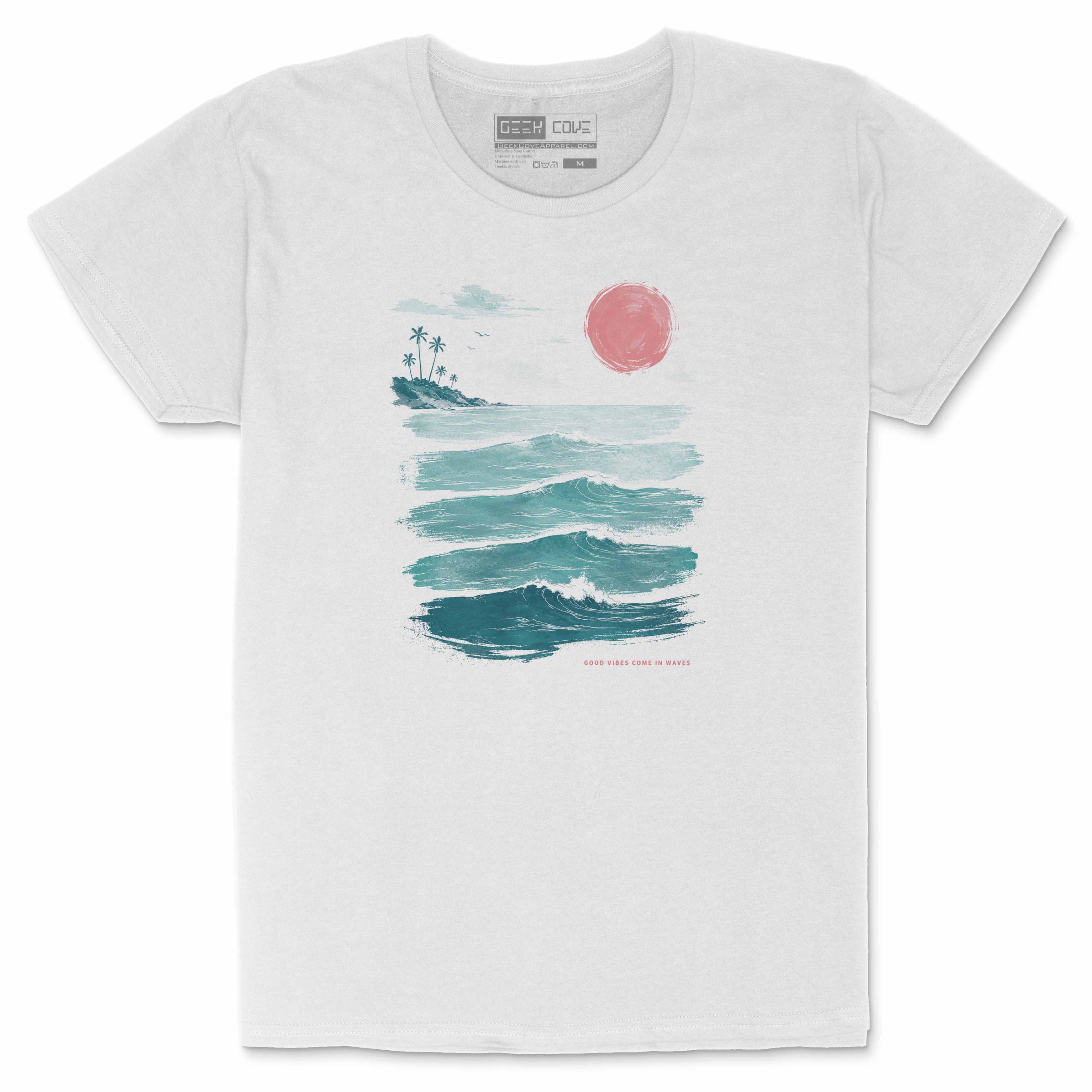 Women’s white T Shirt with ocean wave artwork, palm trees, pink sunset, and Good Vibes Come in Waves text.