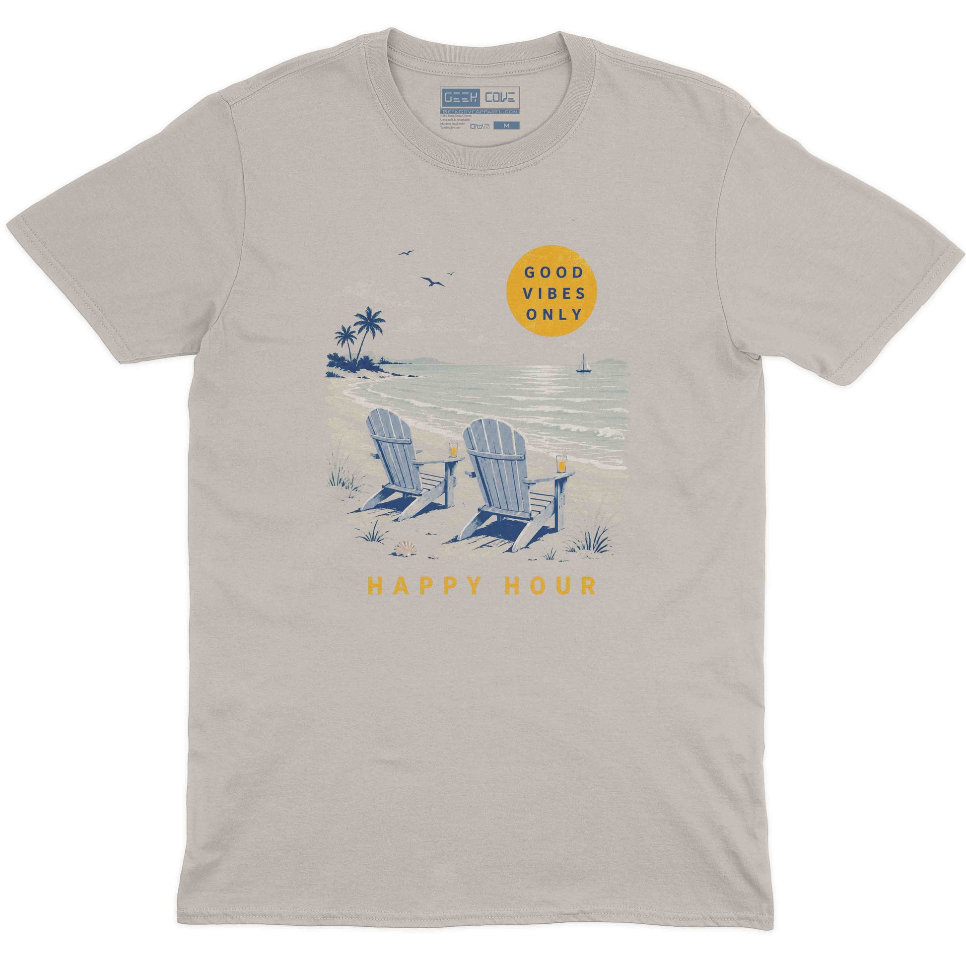Men’s beach vacation T Shirt with Good Vibes Only sun, waves, palm trees, and relaxed chair artwork