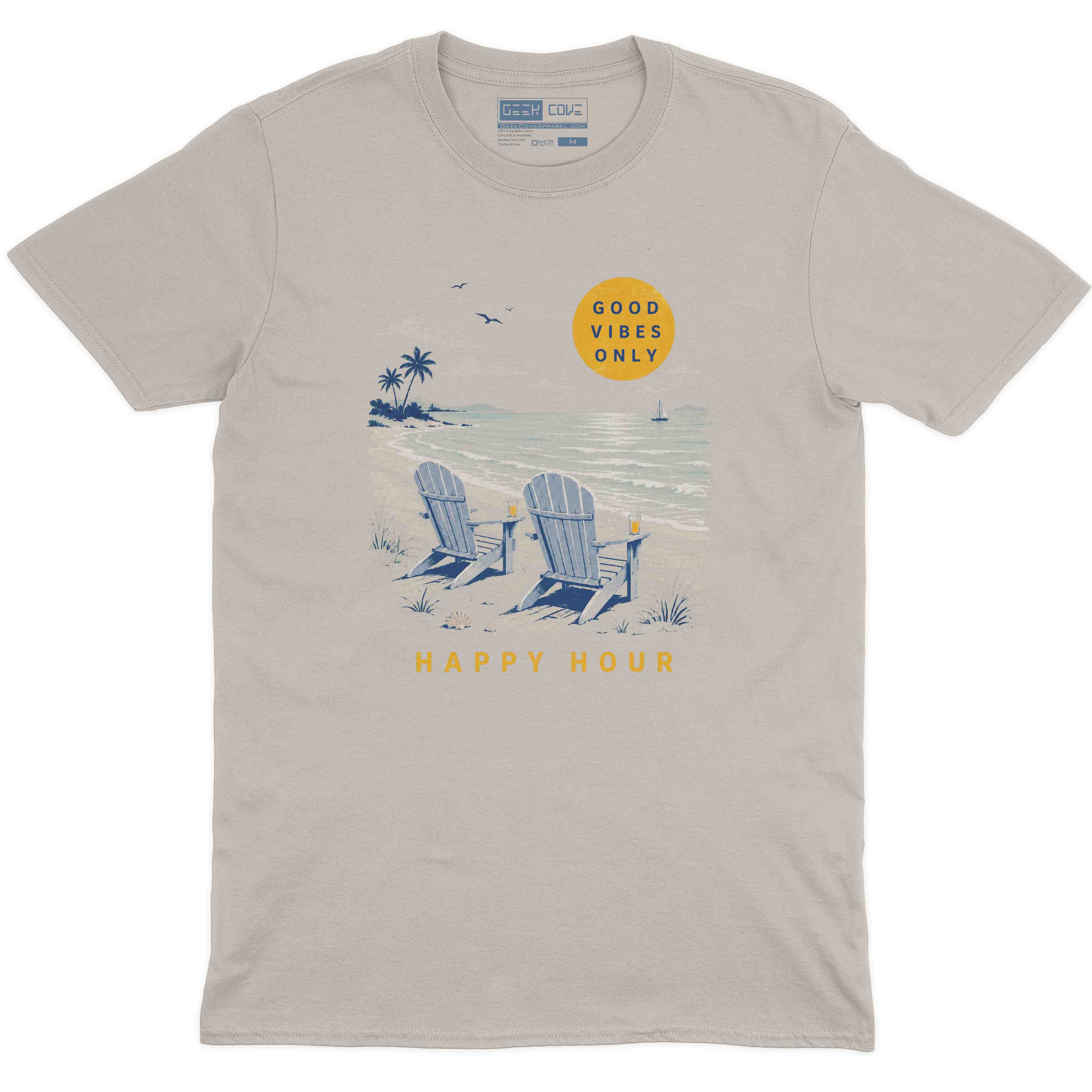 Men’s beach vacation T Shirt with Good Vibes Only sun, waves, palm trees, and relaxed chair artwork