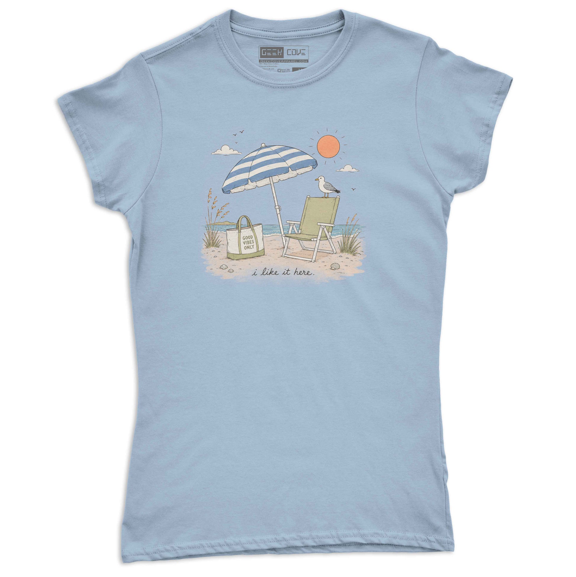 Cute beach graphic tee for women featuring Good Vibes Only tote, umbrella, chair, and seaside art.
