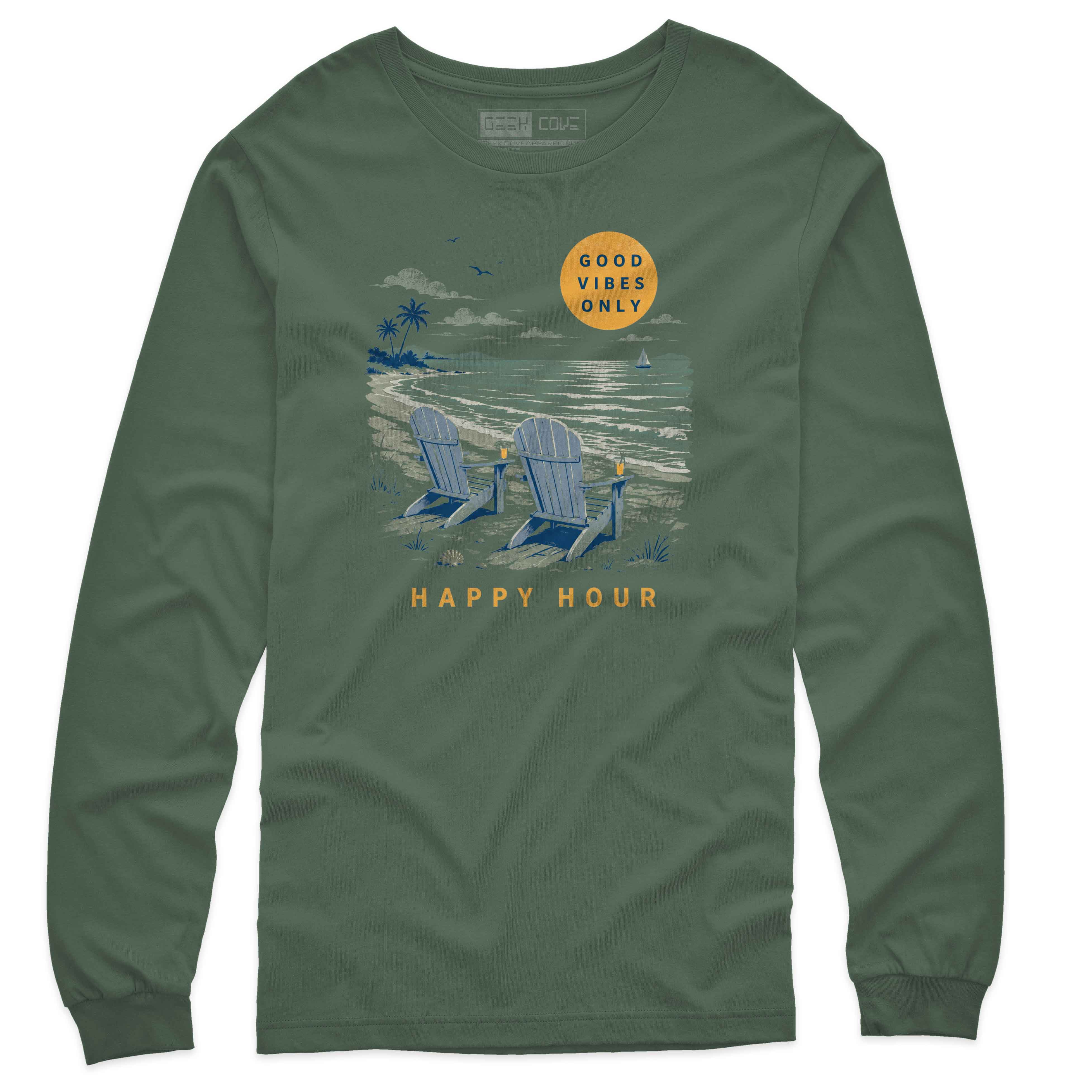 Coastal long sleeve graphic tee for men featuring Adirondack chairs facing the ocean with Happy Hour text
