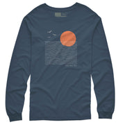 Navy men T Shirt with minimalist ocean waves, orange sunset, seagulls, and Good Vibes Only text