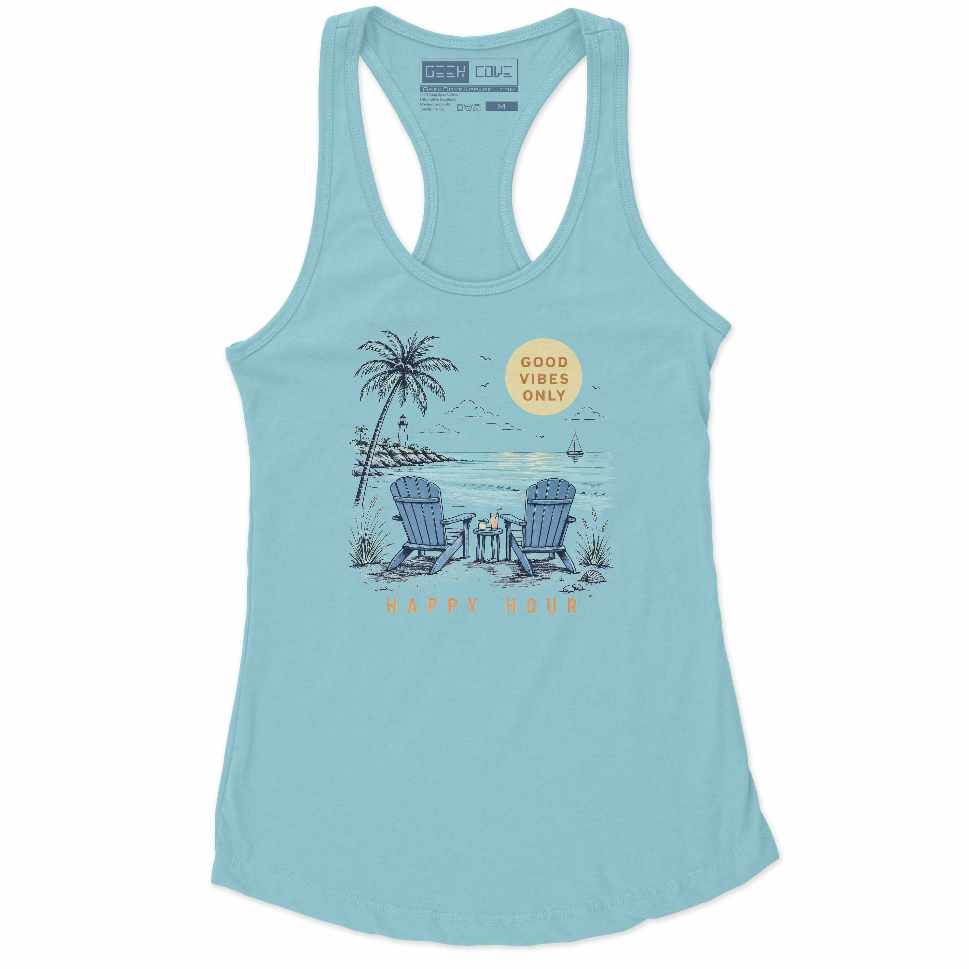 Good Vibes Only beach Tank Top featuring ocean chairs and tropical palm tree art