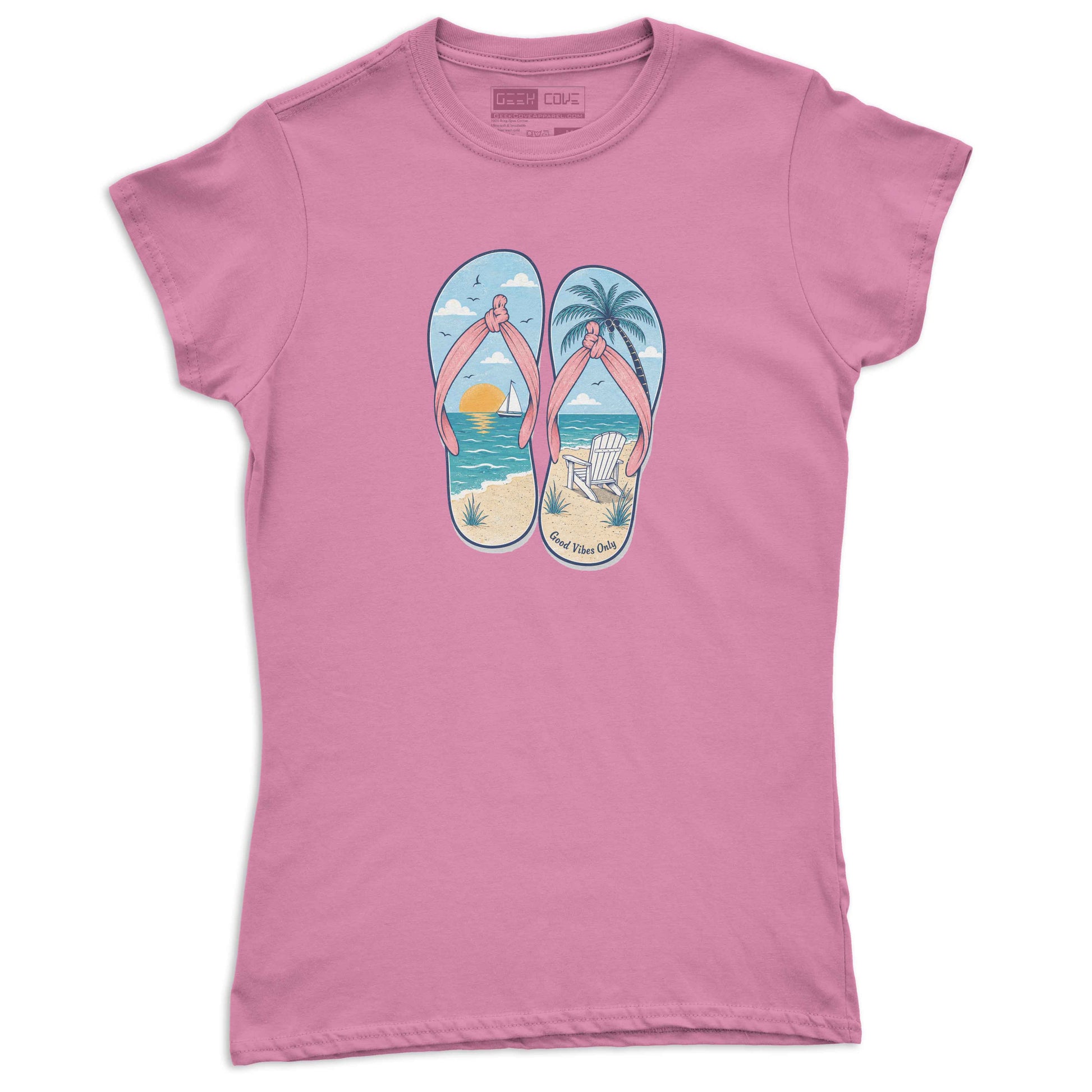 Good Vibes Only women’s graphic tee with colorful sandals, ocean waves, and beach chair art