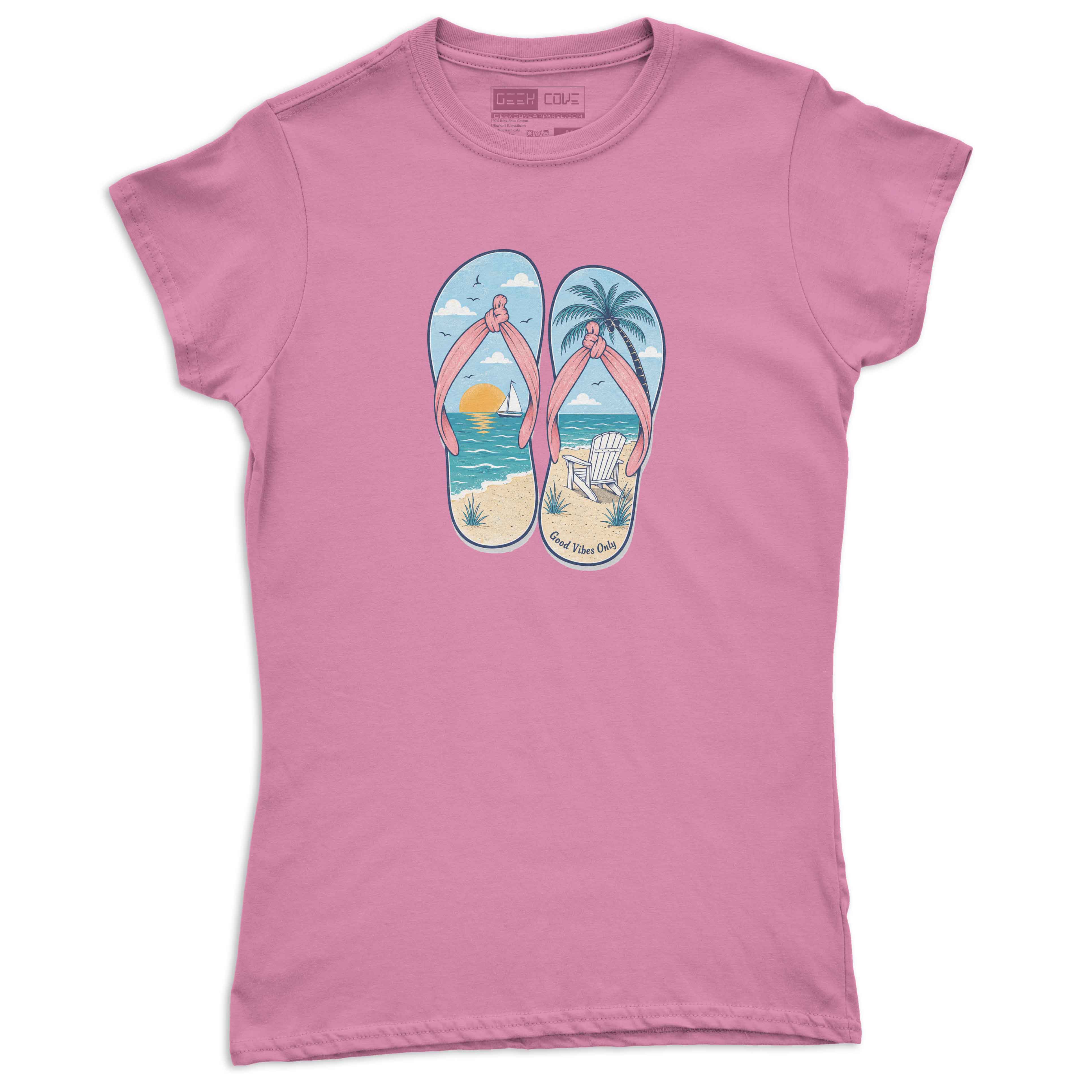 Good Vibes Only women’s graphic tee with colorful sandals, ocean waves, and beach chair art