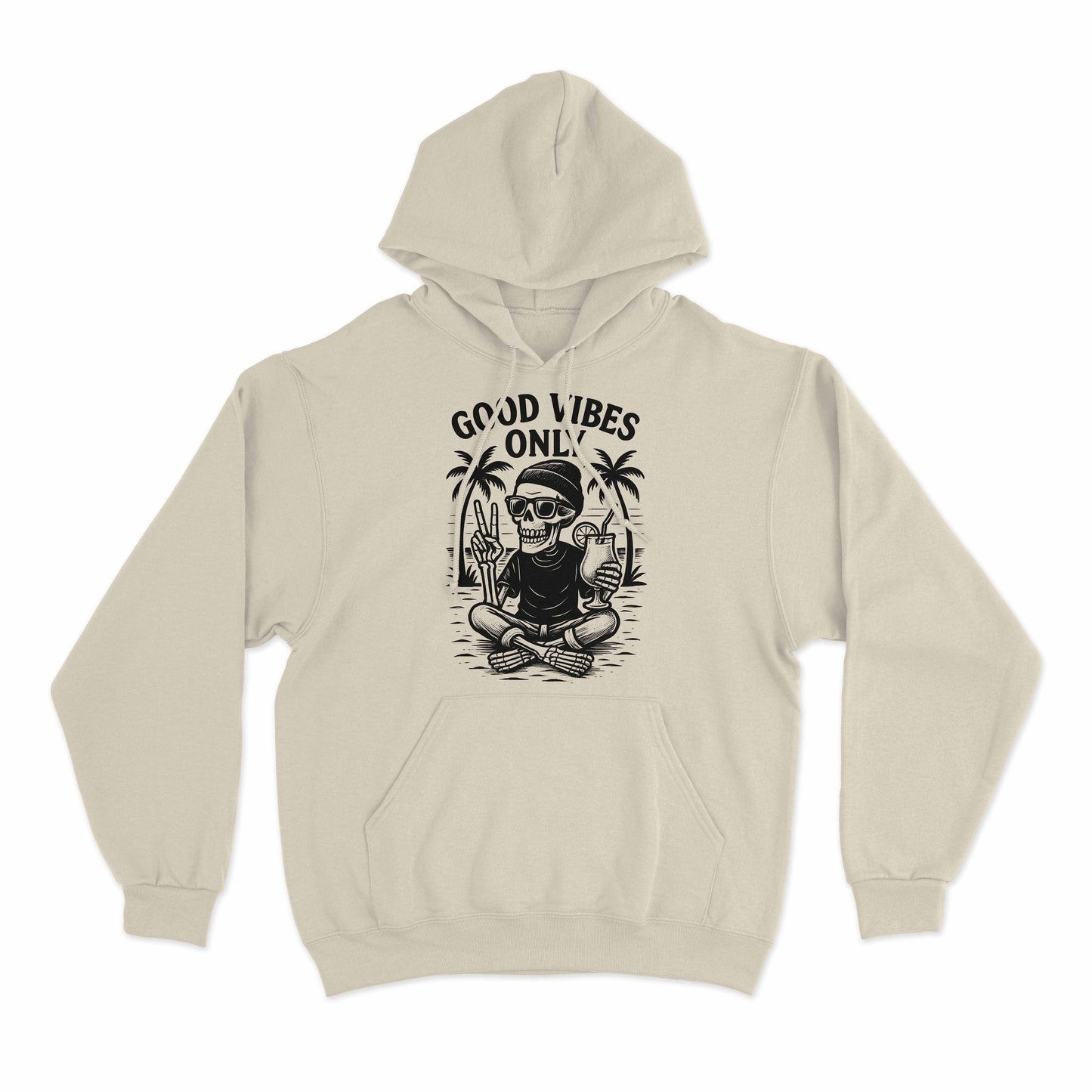 graphic hoodie featuring skeleton beach art with good vibes only message