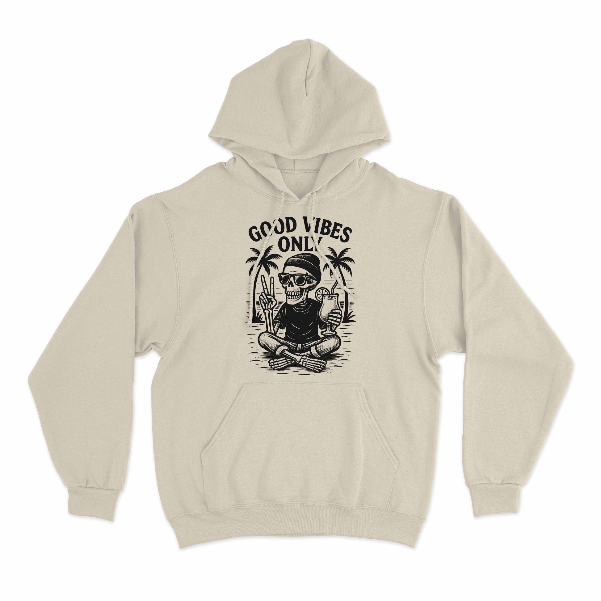 Graphic hoodie featuring skeleton beach art with good vibes only message