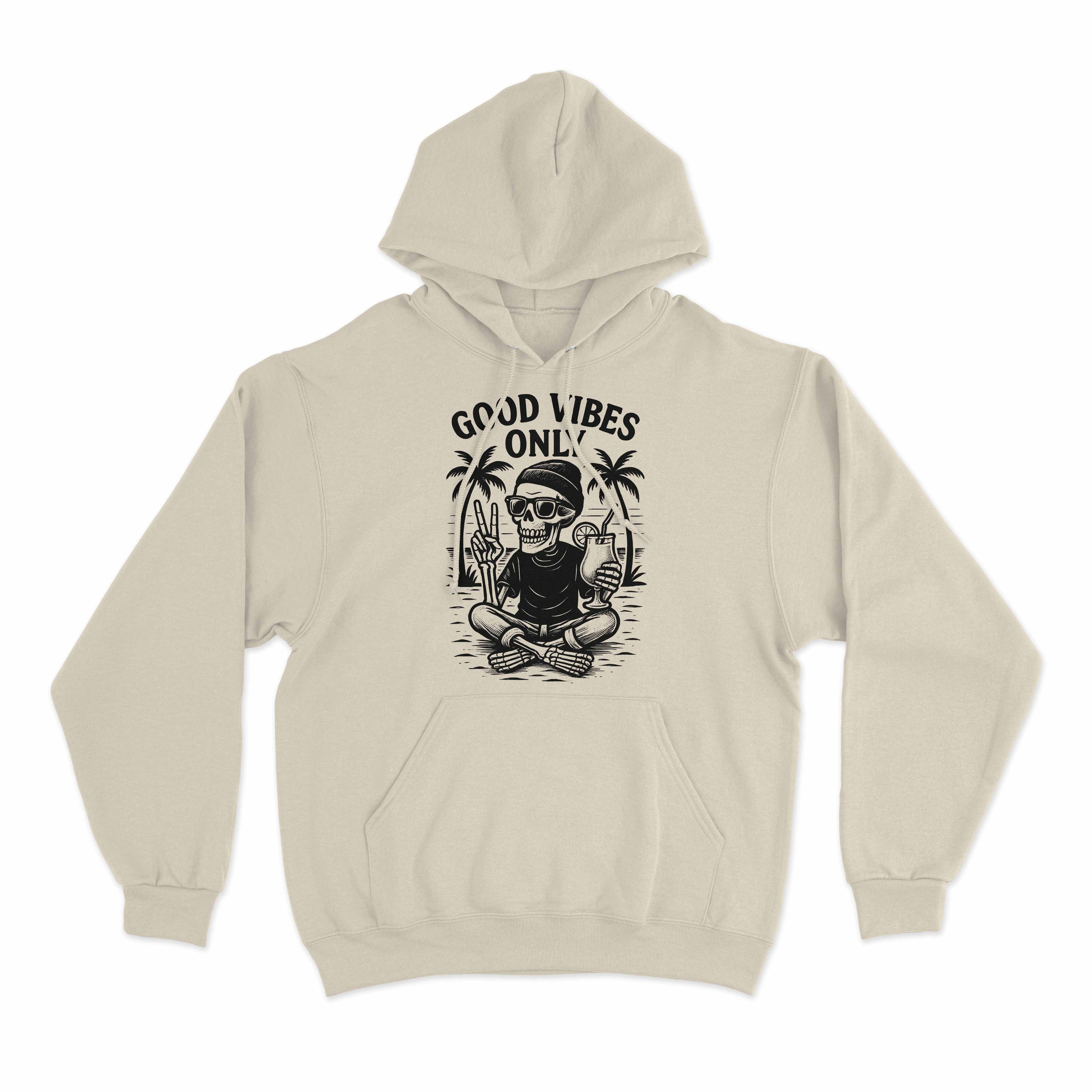 Graphic hoodie featuring skeleton beach art with good vibes only message