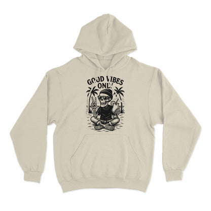 Graphic hoodie featuring skeleton beach art with good vibes only message