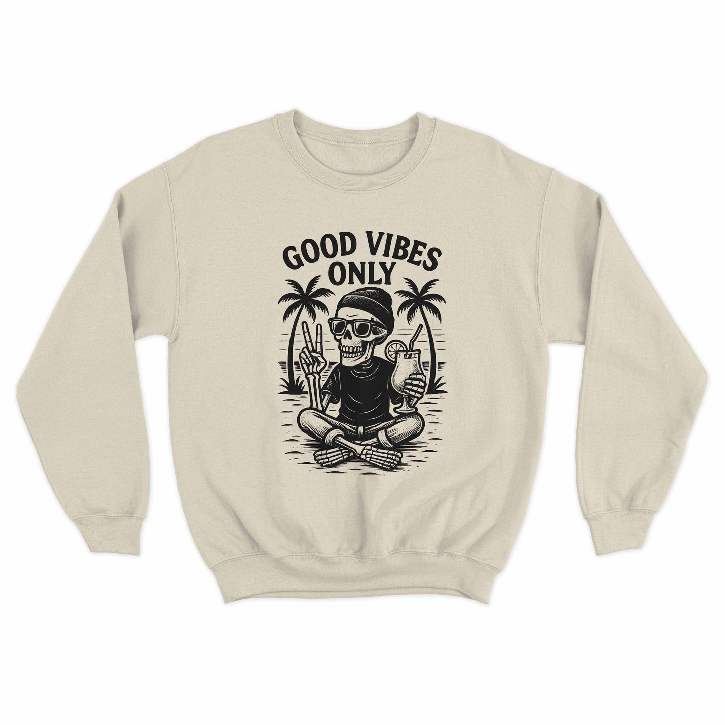 graphic sweater featuring skeleton relaxing with drink and palm trees