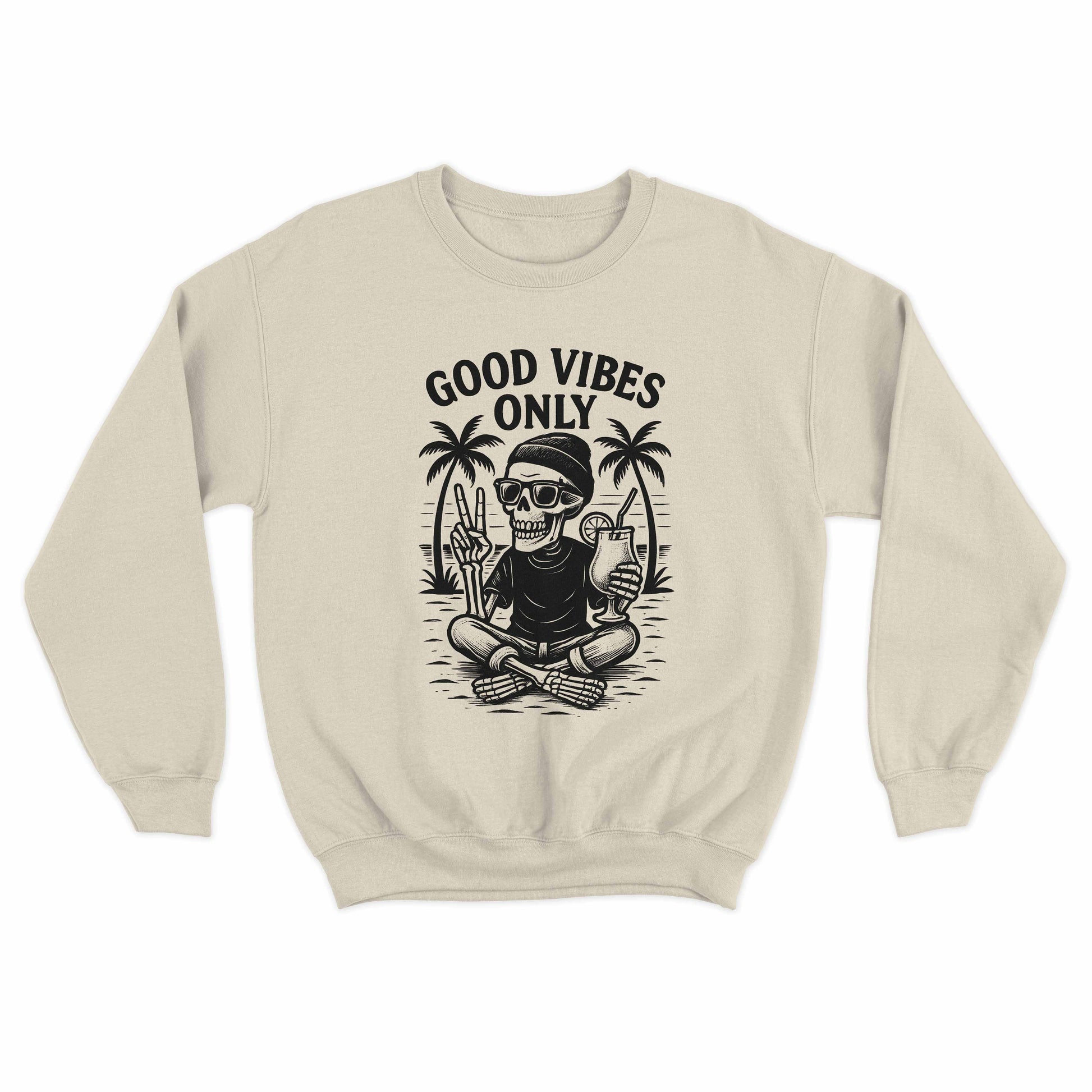 Graphic sweater featuring skeleton relaxing with drink and palm trees