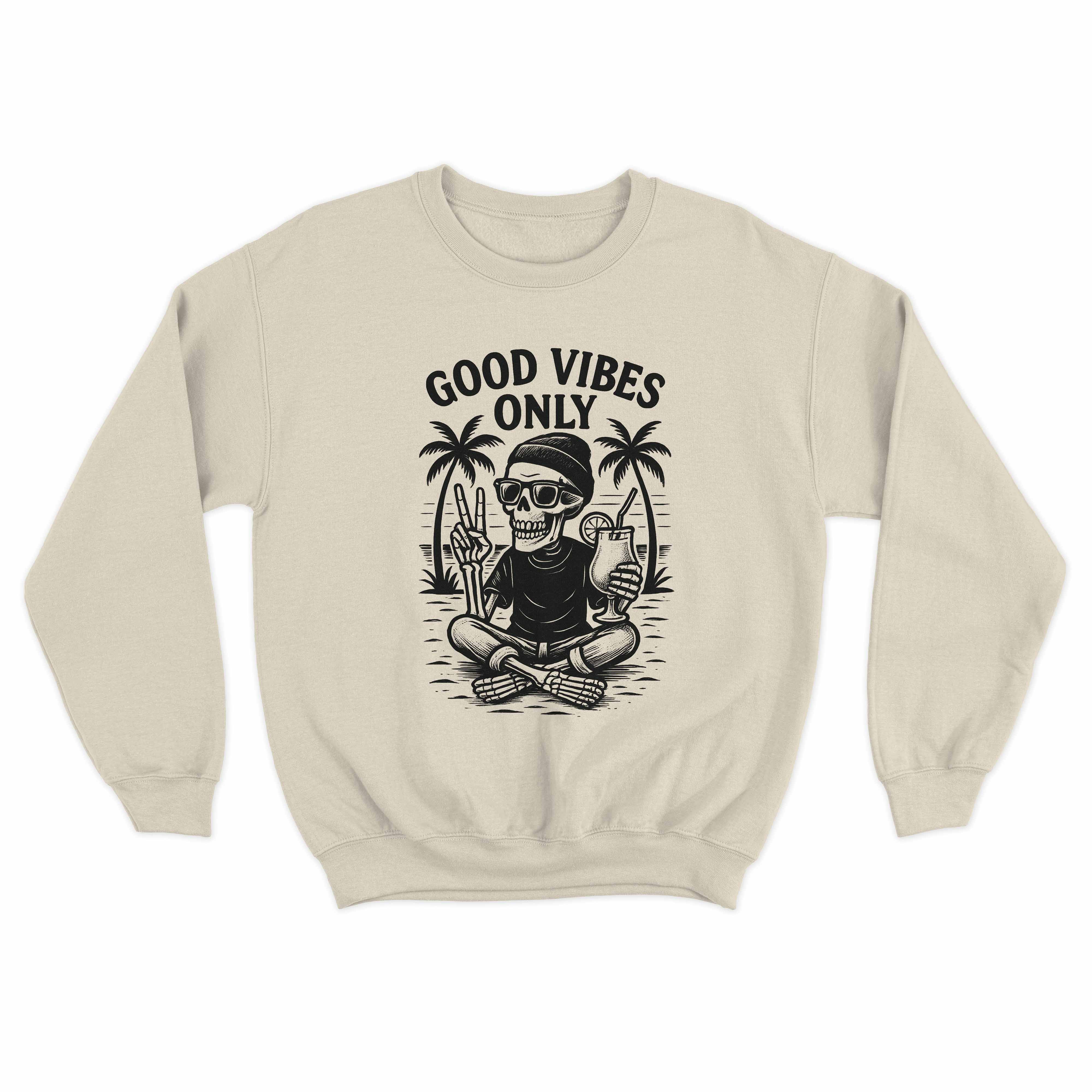 Graphic sweater featuring skeleton relaxing with drink and palm trees