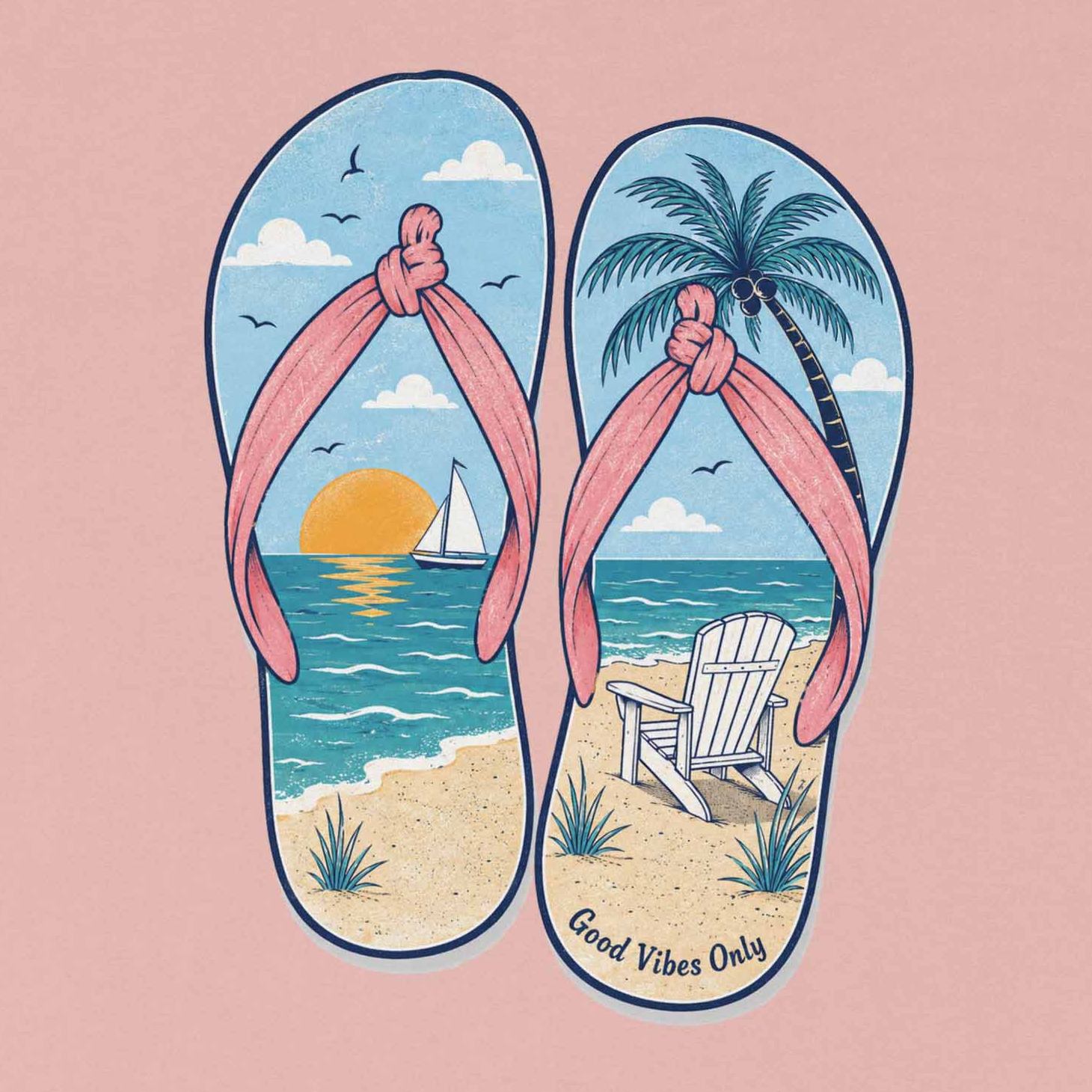 Pink women’s graphic tee with tropical sandals artwork, beach chair, sailboat, and summer vacation style