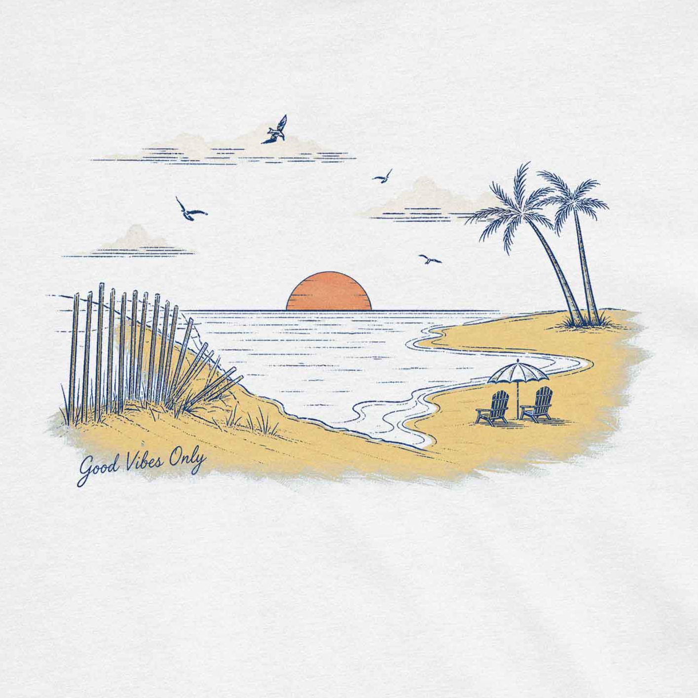Vintage coastal T shirt with relaxing beach sunset illustration and seaside vacation vibes