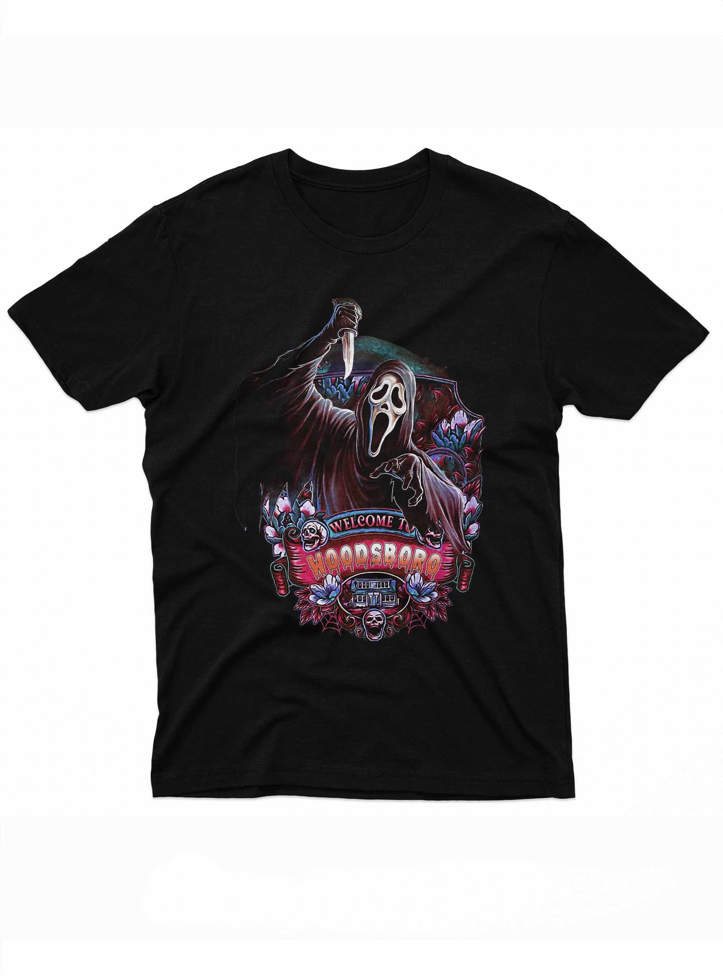 men's horror movie tee displaying ghostface holding a knife, surrounded by intricate floral and skull motifs with vibrant colors.