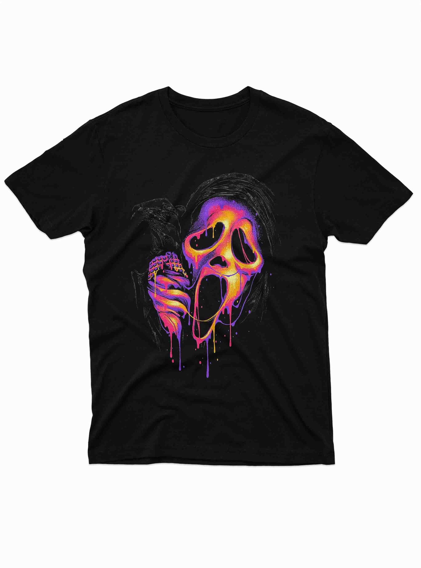 men’s t-shirt featuring the scream mask in neon purple and yellow with a dripping paint design on a black background.