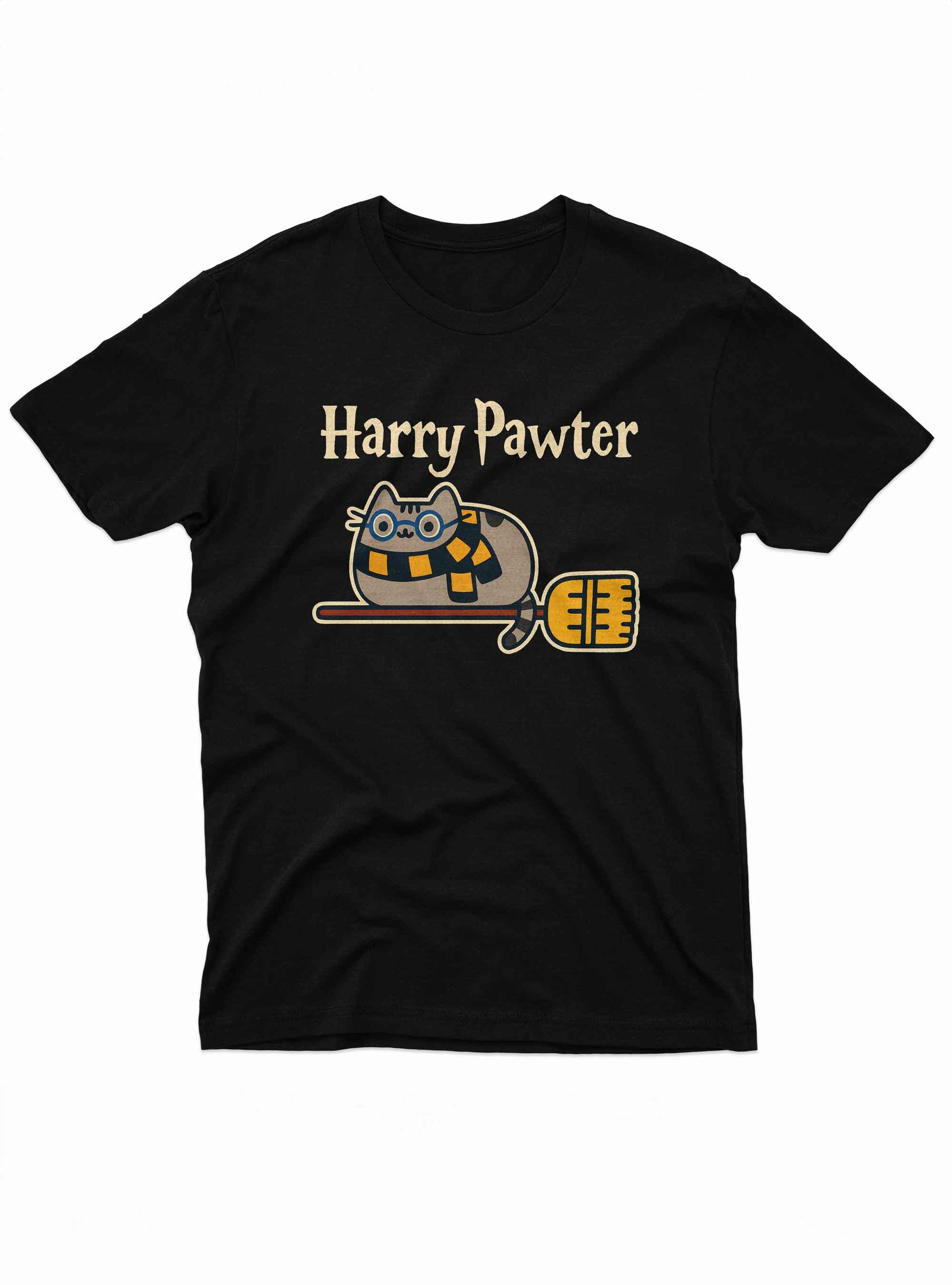 A black t-shirt featuring a cute cartoon cat with round glasses and a yellow-and-black scarf, styled as a wizard.