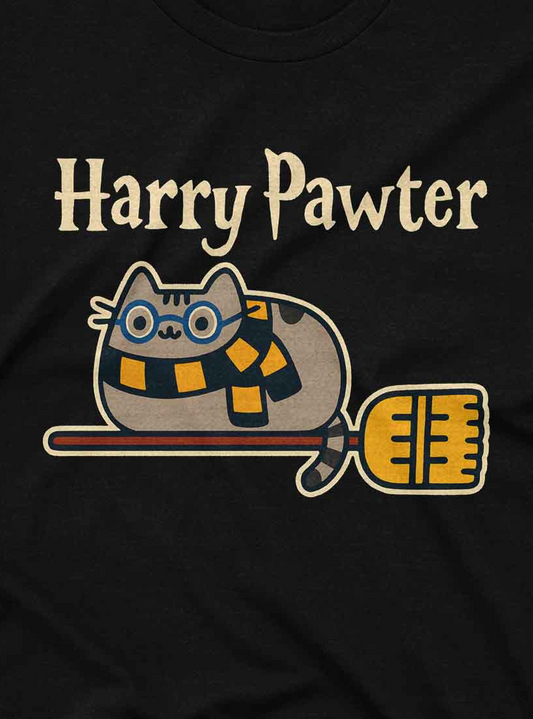 Simple and playful design of a magical cat parodying Harry Potter, styled in soft vintage colors.