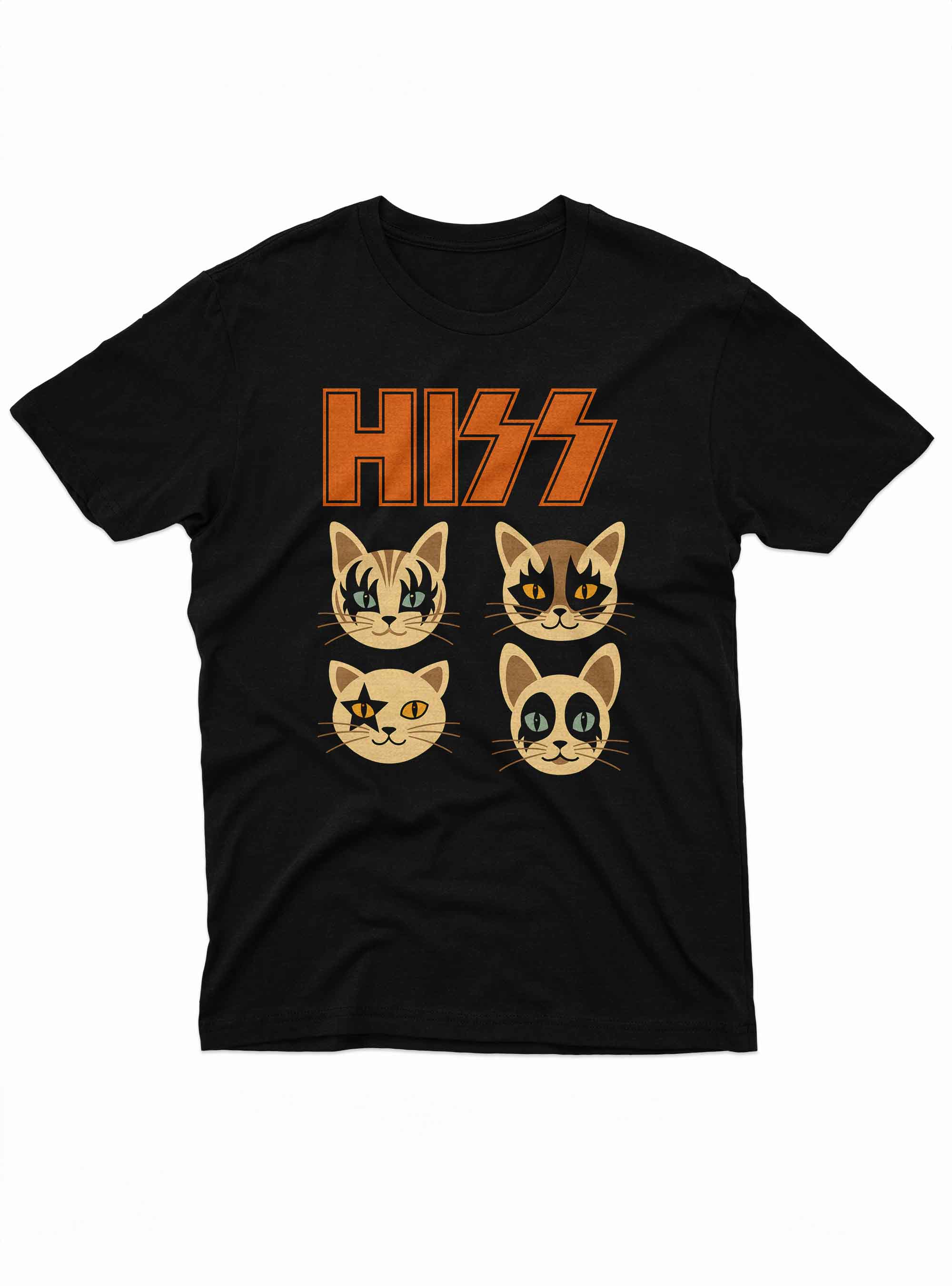 A black T-shirt with the word “HISS” styled like the iconic KISS band logo, printed in bold orange above four illustrated cat faces dressed as rockstars.