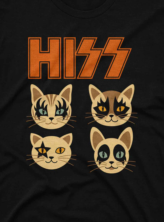 Four cartoon cats mimicking classic rock band members, each with dramatic makeup and expressions, representing a feline version of KISS.