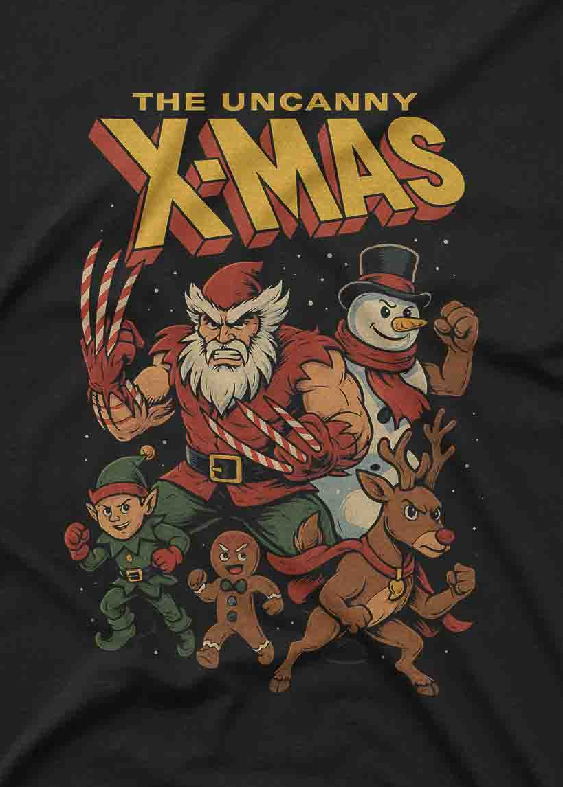 Holiday parody graphic t shirt featuring bold vintage style artwork