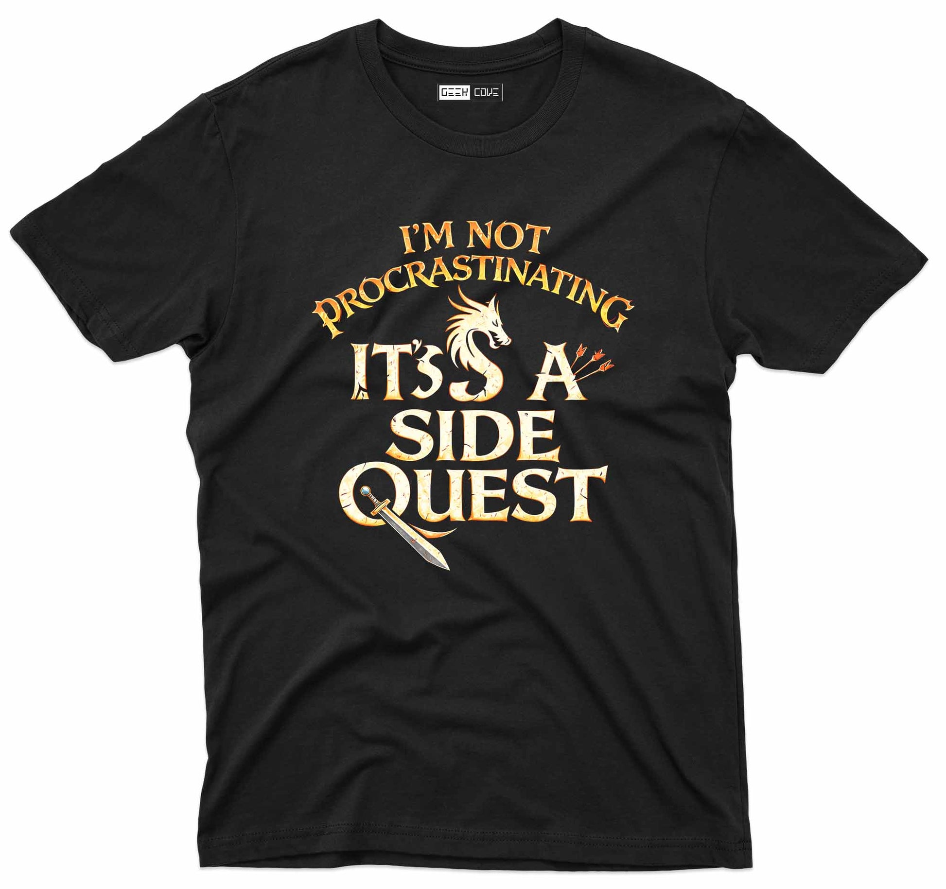Funny side quest graphic tee with fantasy inspired text and sword artwork